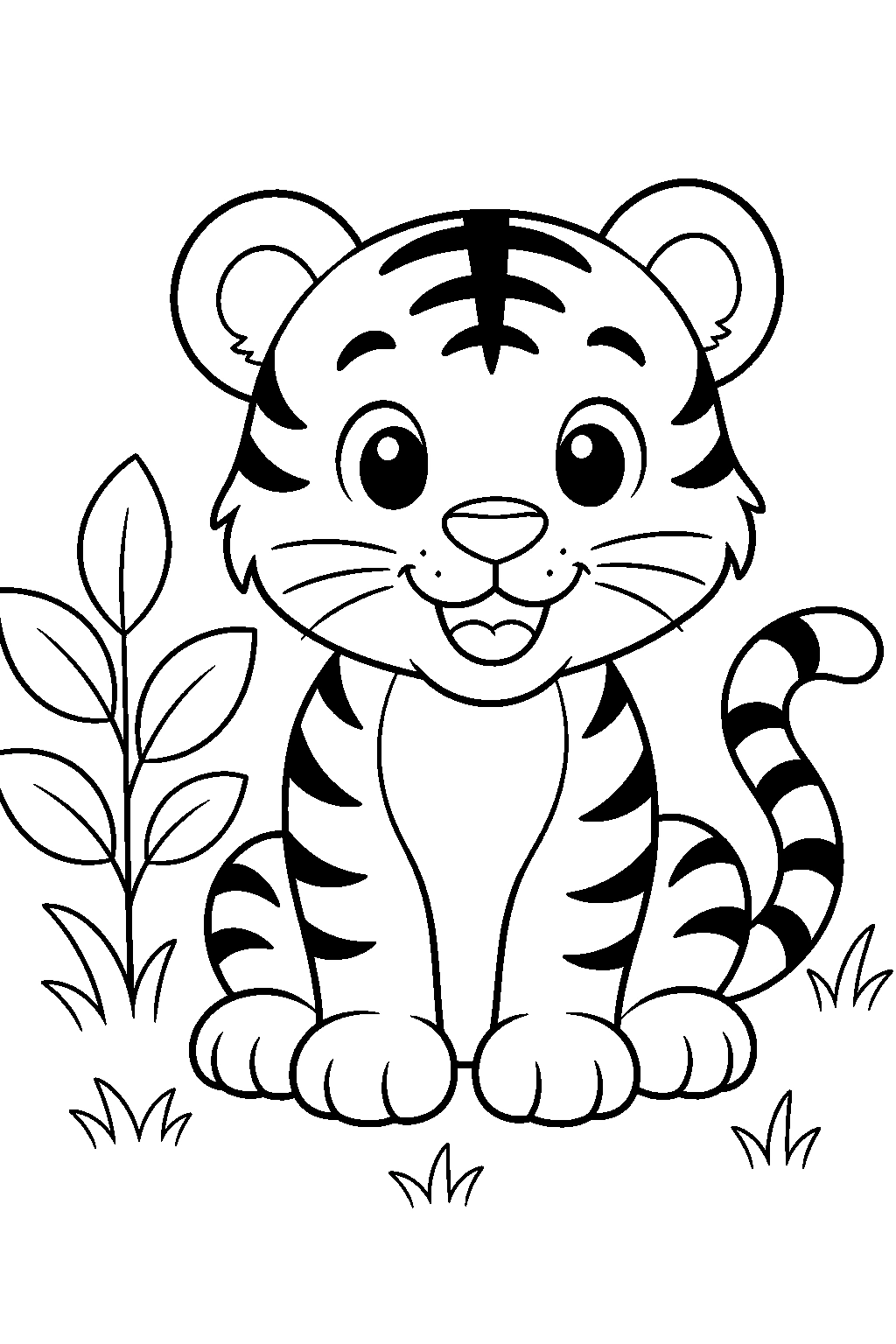 Cute Tiger Cub With Leaves Coloring Page