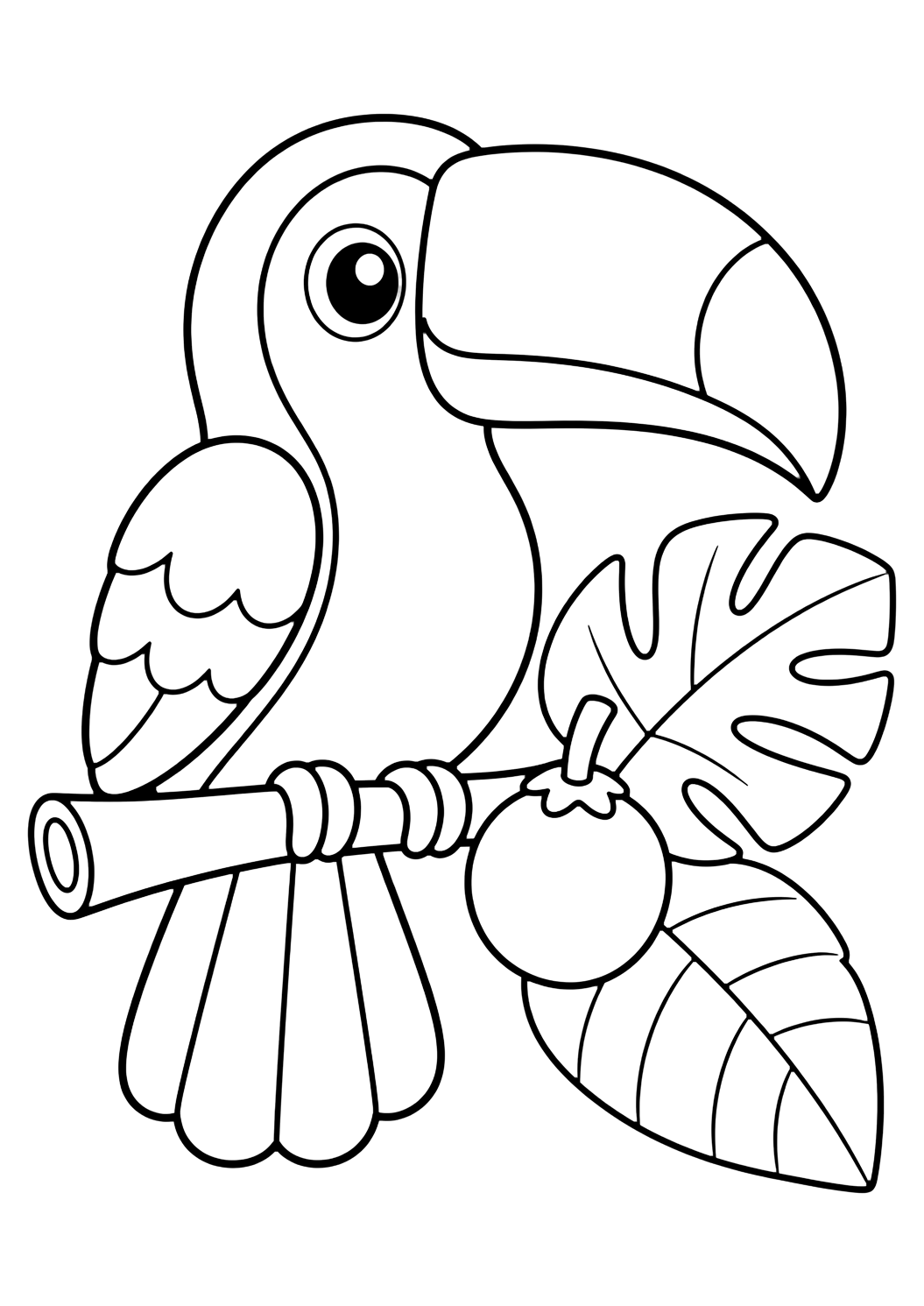 pagina da colorare con tucano carino e frutta, line art di teneri animali dello zoo per bambini