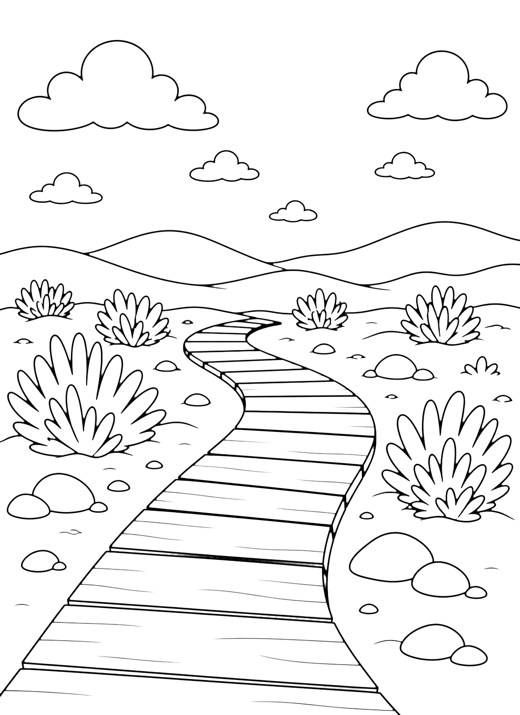 desert boardwalk trail coloring page with a simple wooden boardwalk trail made of wide planks curving gently through sandy desert ground, with large low shrubs, smooth stones, distant dunes, and wide open sky for kids