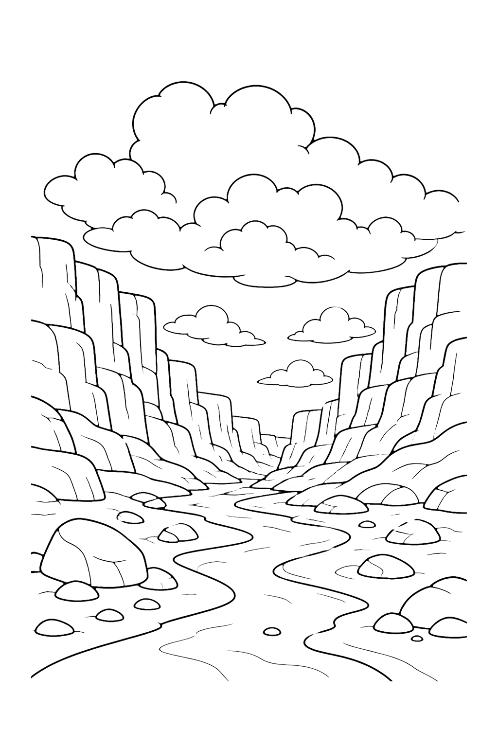 desert canyon storm clouds coloring page with desert canyon cliffs beneath big soft storm clouds with a dry riverbed, rocks, and wide sky for kids