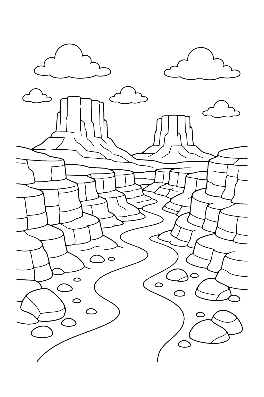 desert canyon twin mesas coloring page with two flat mesas rising beyond a desert canyon with layered cliffs, a winding sandy trail, stones, and clouds for kids