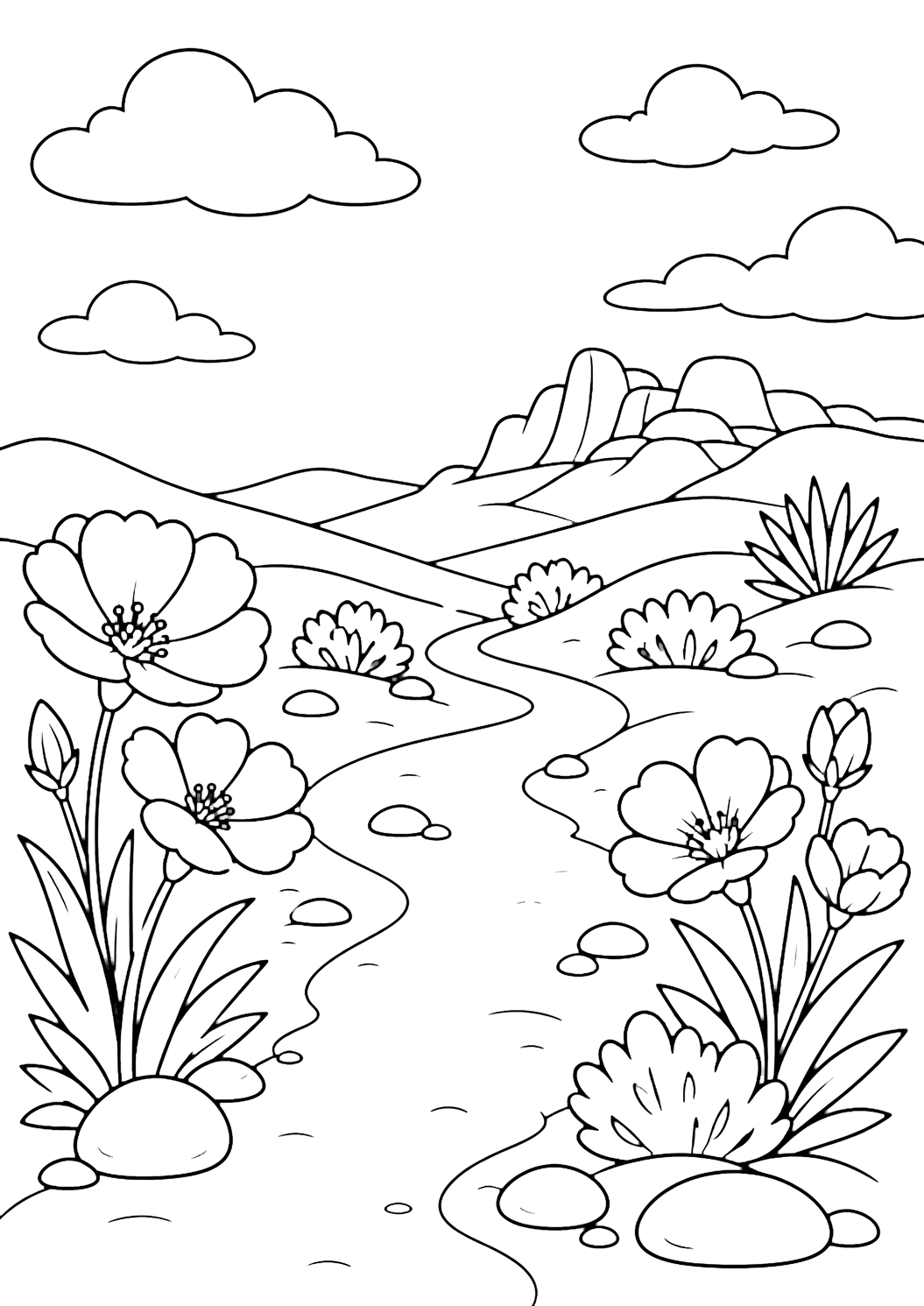 Ausmalbild mit einem Wüstenpfad und ein geschwungener sandiger Wüstenpfad mit mehreren großen einfachen Wüstenwildblumen und niedrigen Sträuchern am Rand, dazu glatte Steine, sanfte Dünen, ein ferner Felskamm und weiter Himmel. Geeignet für Kinder, Naturthemen, Ausdrucke und Online-Ausmalen.