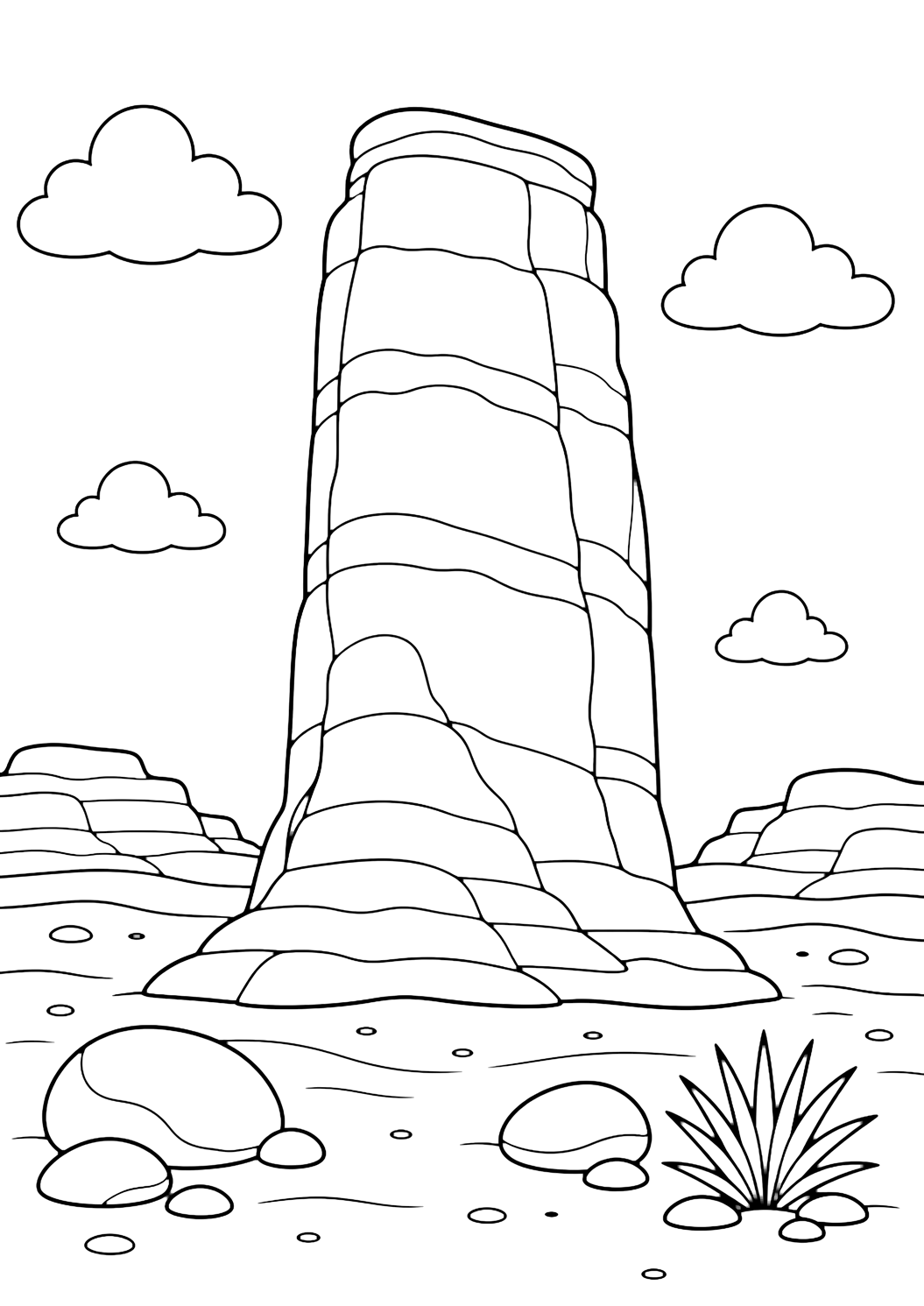 desert monolith coloring page with one tall red sandstone monolith with broad vertical sides and simple horizontal layer bands, an open sandy desert floor, large smooth rocks, one small yucca plant, distant low rock shelves, and wide open sky for kids