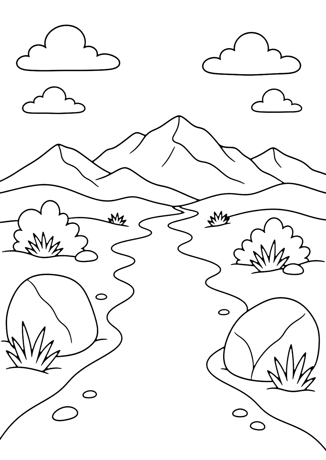 Ausmalbild mit einem Wüstenpfad und ein breiter sandiger Pfad zu einfachen fernen Wüstenbergen, mit zwei großen glatten Felsbrocken, einigen niedrigen Wüstensträuchern, sanften Horizontlinien und weitem Himmel. Geeignet für Kinder, Naturthemen, Ausdrucke und Online-Ausmalen.