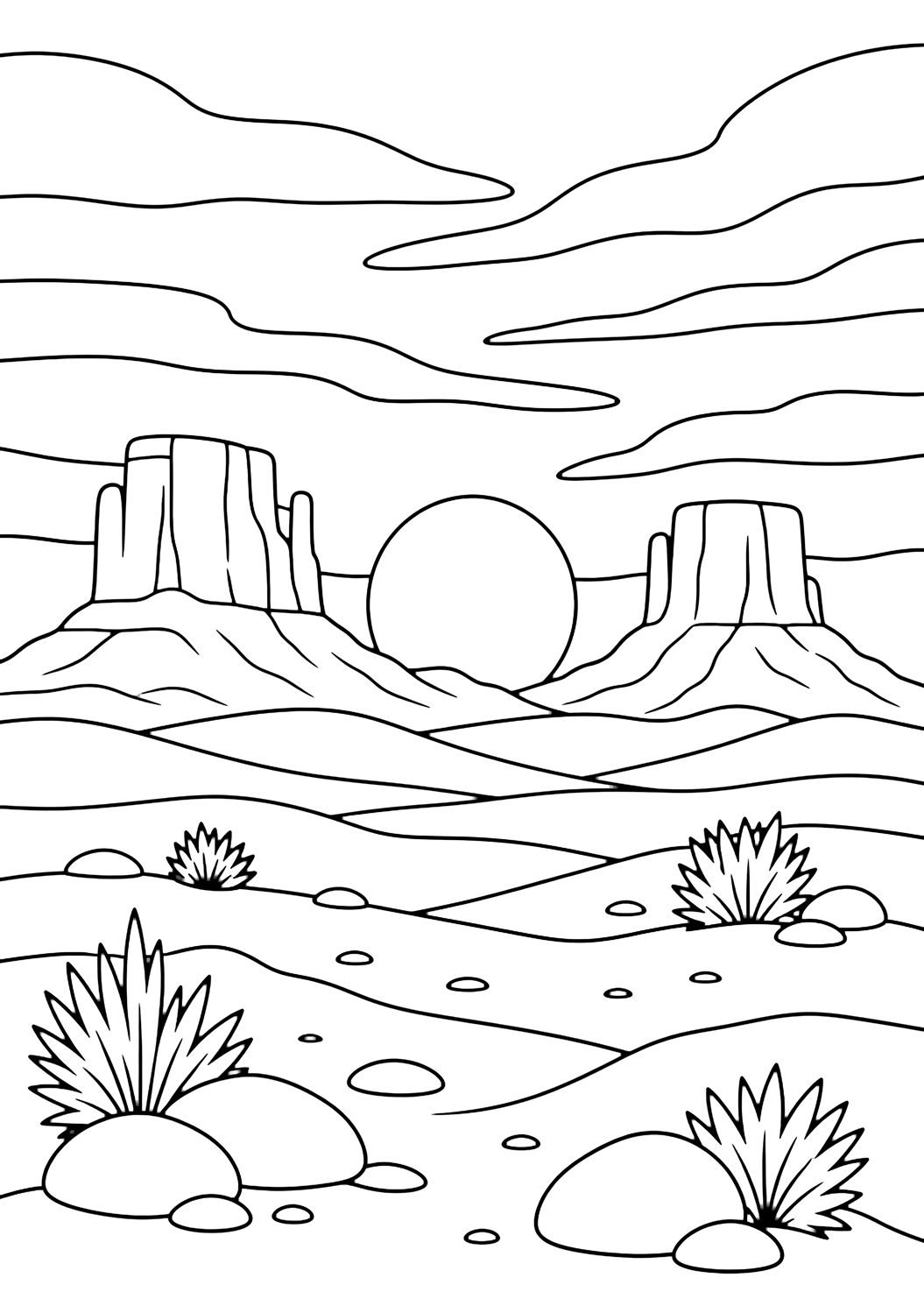 desert sunset buttes coloring page with two broad flat-topped desert buttes in the distance, a large round setting sun between them, simple layered desert hills, sandy foreground with smooth boulders, broad sky bands, and a few small desert shrubs for kids