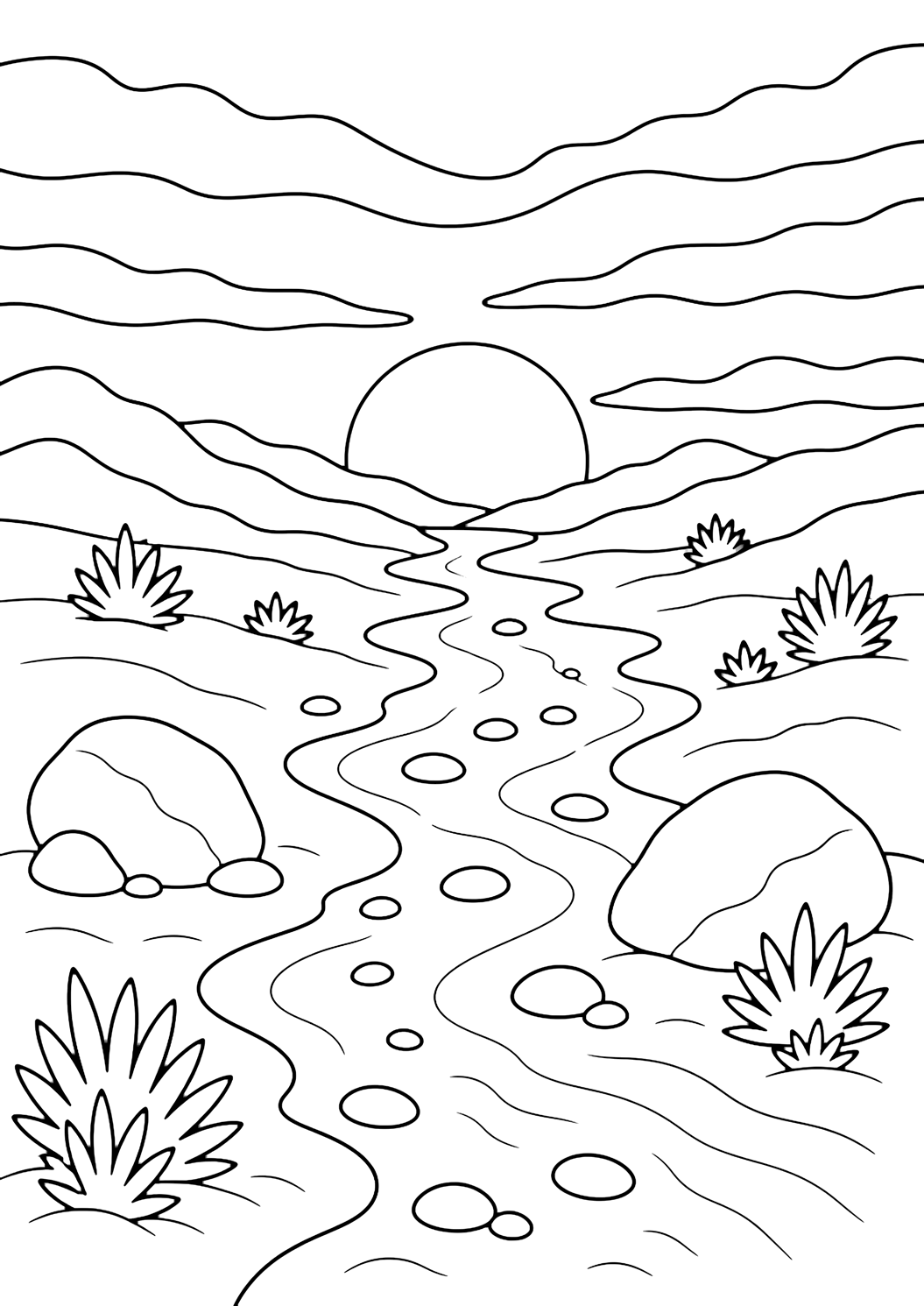 desert sunset dry wash coloring page with a winding dry wash streambed leading from the foreground toward a low round setting sun, soft desert hills on both sides, broad sky bands, rounded pebbles, two larger boulders, sandy lines, and sparse desert shrubs for kids