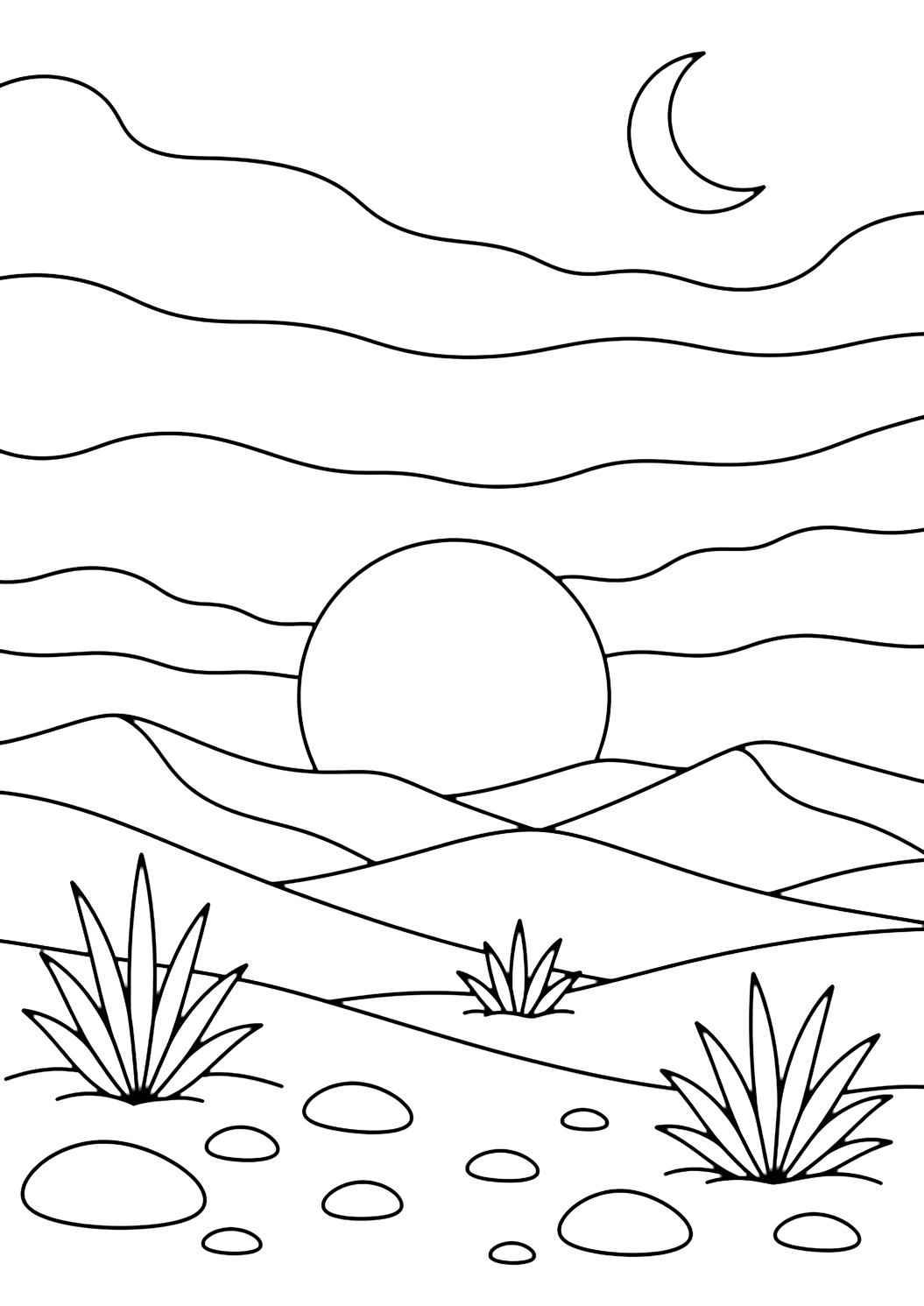desert twilight moon coloring page with a large round setting sun almost touching the horizon, a small crescent moon high in the open sky, rolling desert dunes, broad sky bands, smooth foreground stones, and a few simple desert shrubs for kids