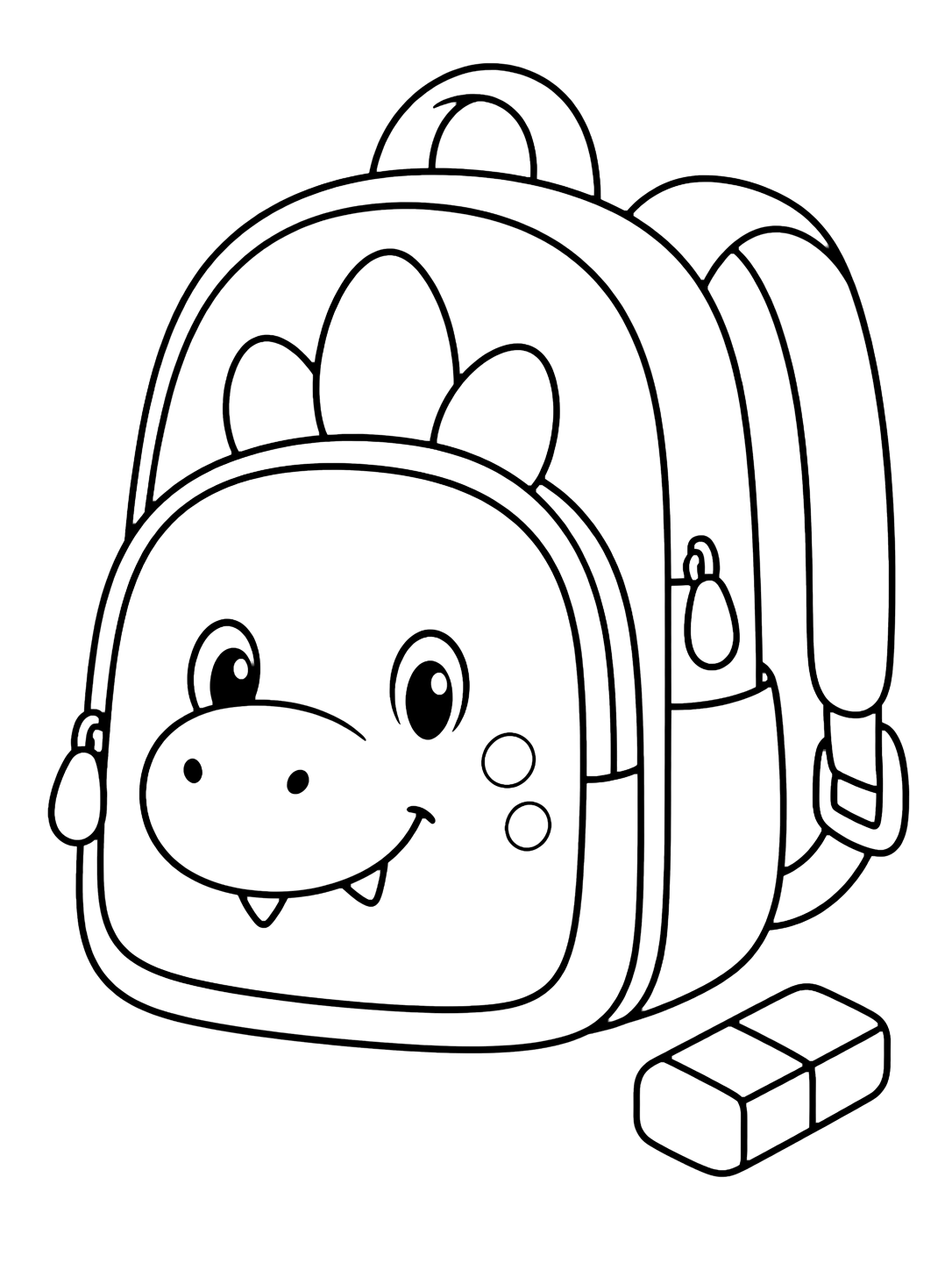 Ausmalbild mit das Motiv "Dino-Rucksack" mit großen Taschen, Reißverschlüssen und einfachen Schuldetails. Geeignet für Kinder, Schulstart, Ausdrucke und Online-Ausmalen.