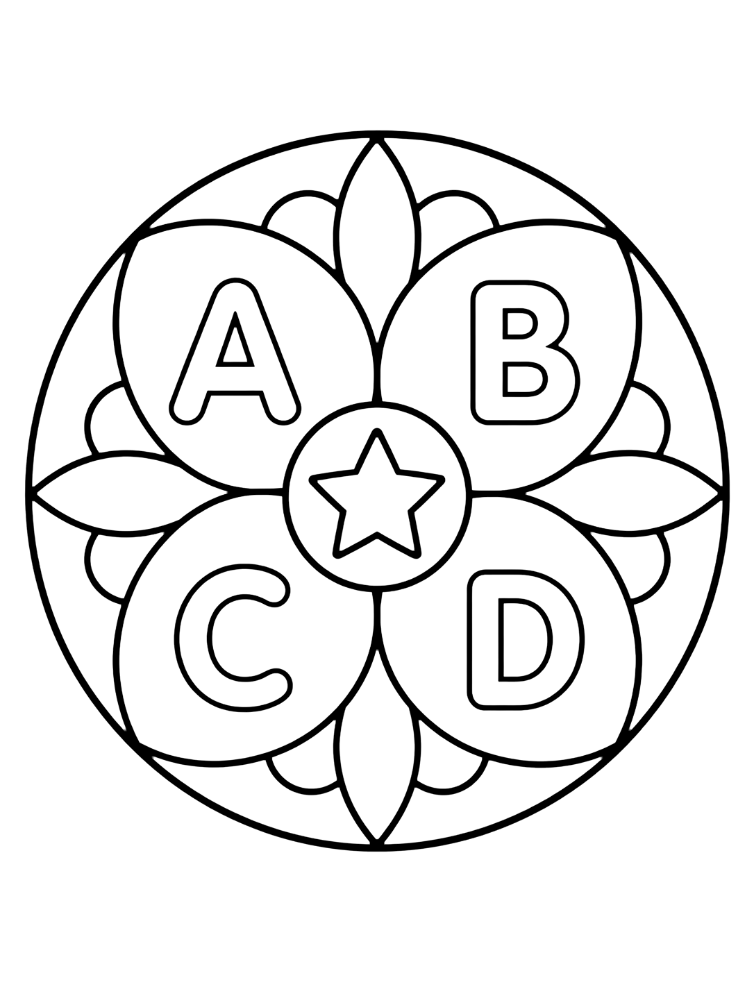 Dibujo para colorear con un mandala circular sencillo con cuatro pétalos anchos alrededor de una estrella central y las letras A, B, C y D. Ideal para niños, práctica del abecedario, impresión y coloreado online.