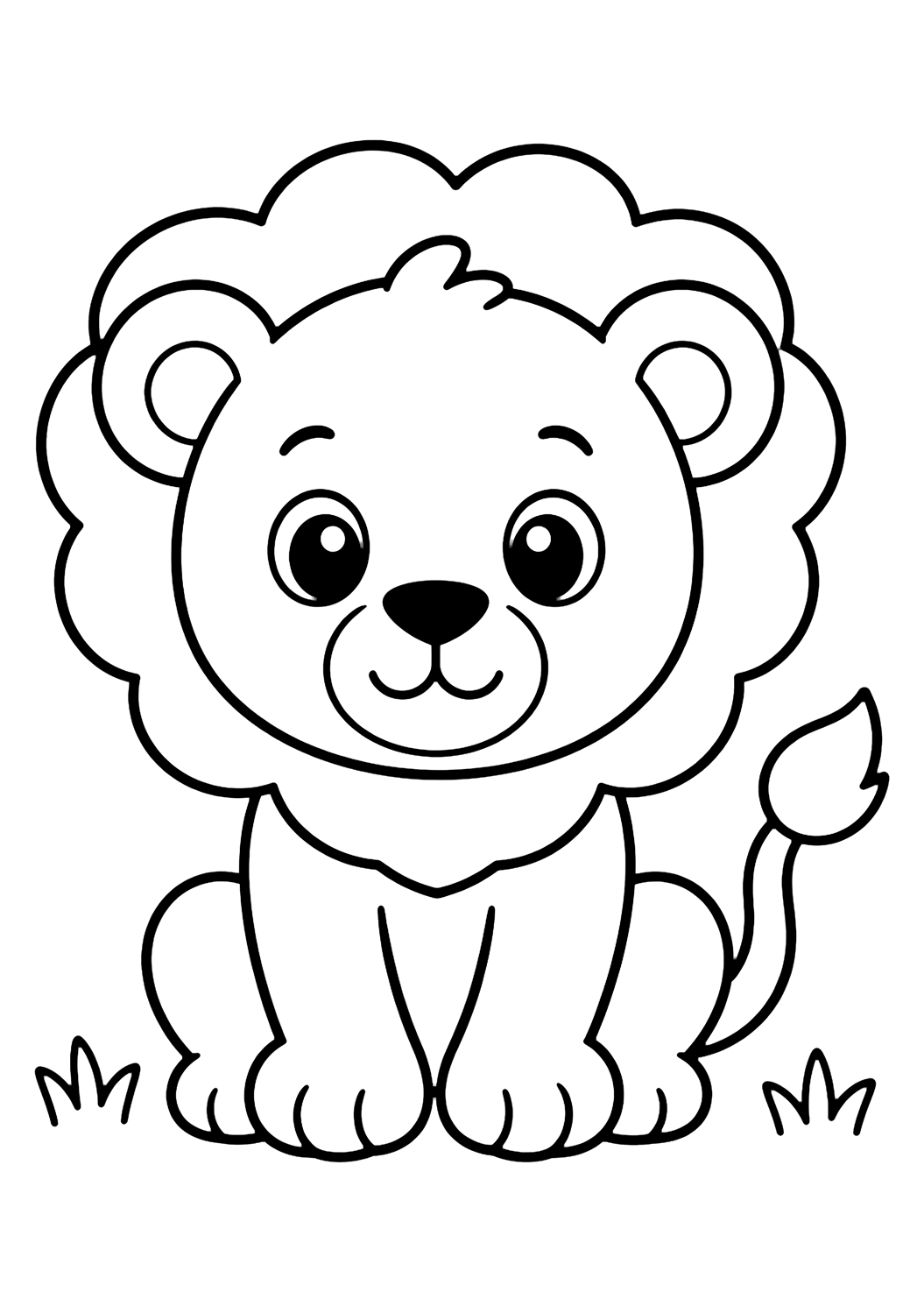Coloriage facile d'animal bébé avec un bébé lion assis avec une crinière arrondie, des oreilles rondes, de grosses pattes, une touffe de queue, un petit sourire et de l'herbe simple. Idéal pour enfants, impression et coloriage en ligne.