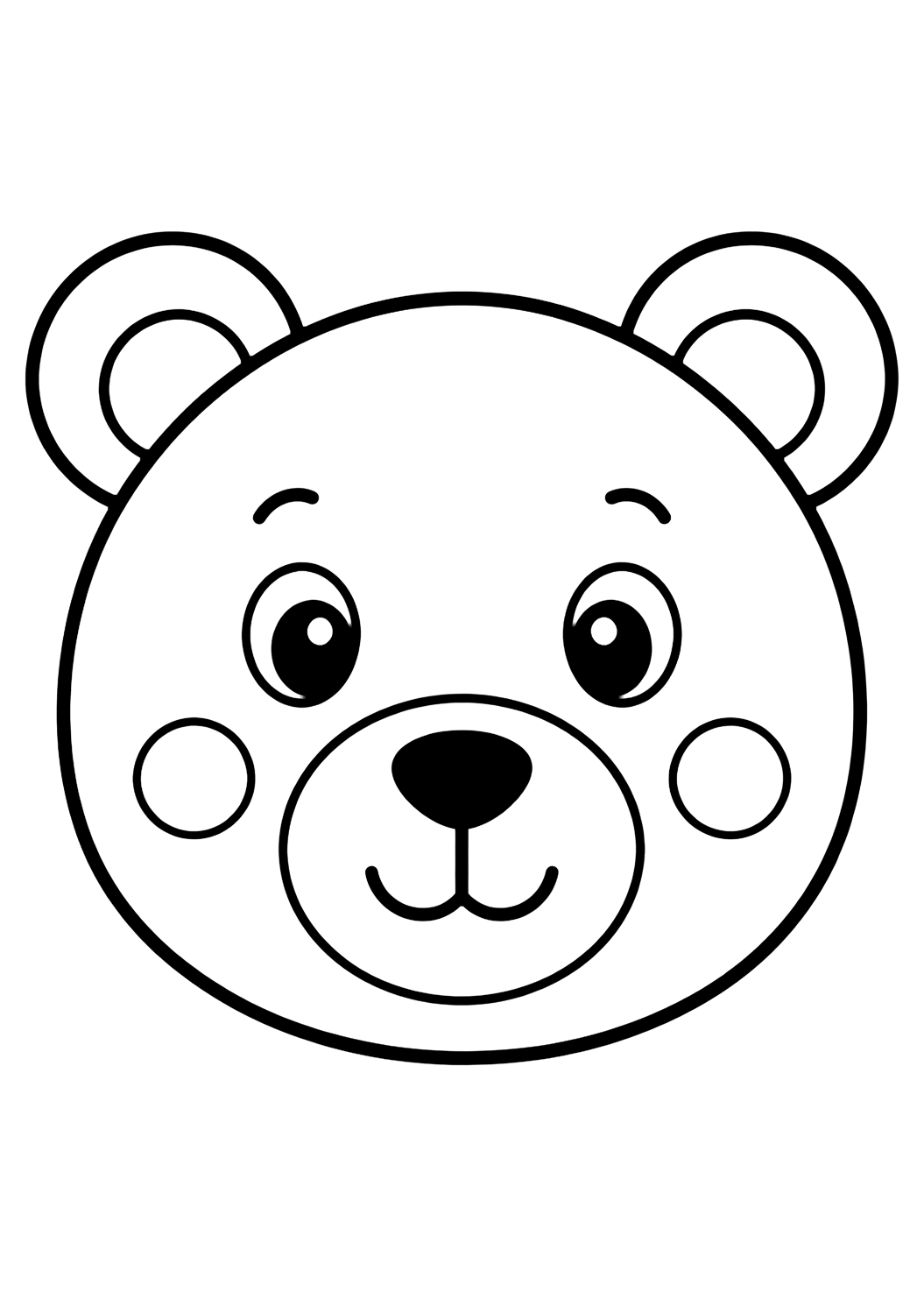 Einfaches Tiergesicht-Ausmalbild mit ein freundliches Bärengesicht mit runden Ohren, großen Augen, einfacher ovaler Schnauze, kleiner Nase, runden Wangen und sanftem Lächeln. Geeignet für Kinder, Ausdrucke und Online-Ausmalen.