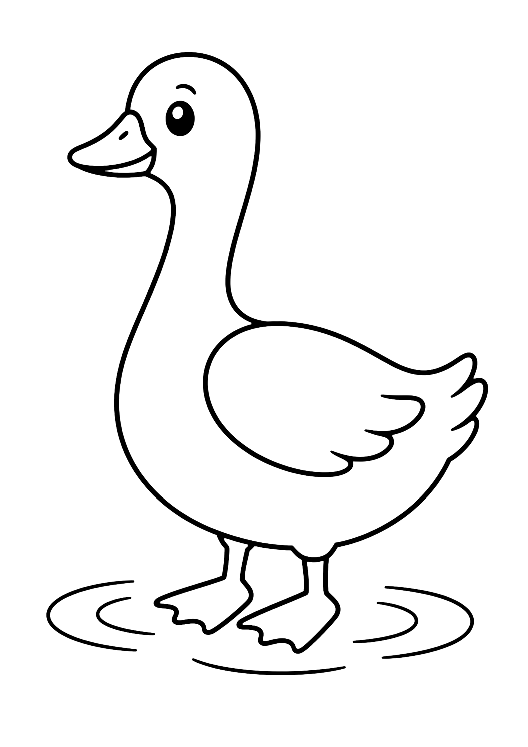 Dibujo fácil de animal de granja para colorear con un ganso simpático con cuello largo y curvo, cuerpo redondo, ala sencilla, pico pequeño, patas palmeadas y ondas de agua. Ideal para niños, impresión y coloreado online.