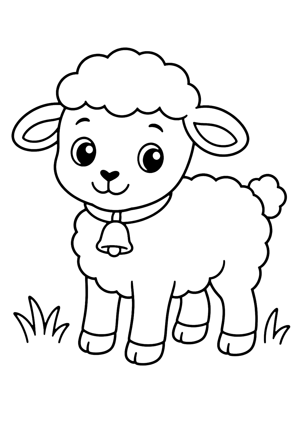 Dibujo fácil de animal de granja para colorear con un corderito esponjoso con ojos grandes, orejas pequeñas, pezuñas pequeñas, cola diminuta, collar con campana sencillo y hierba. Ideal para niños, impresión y coloreado online.