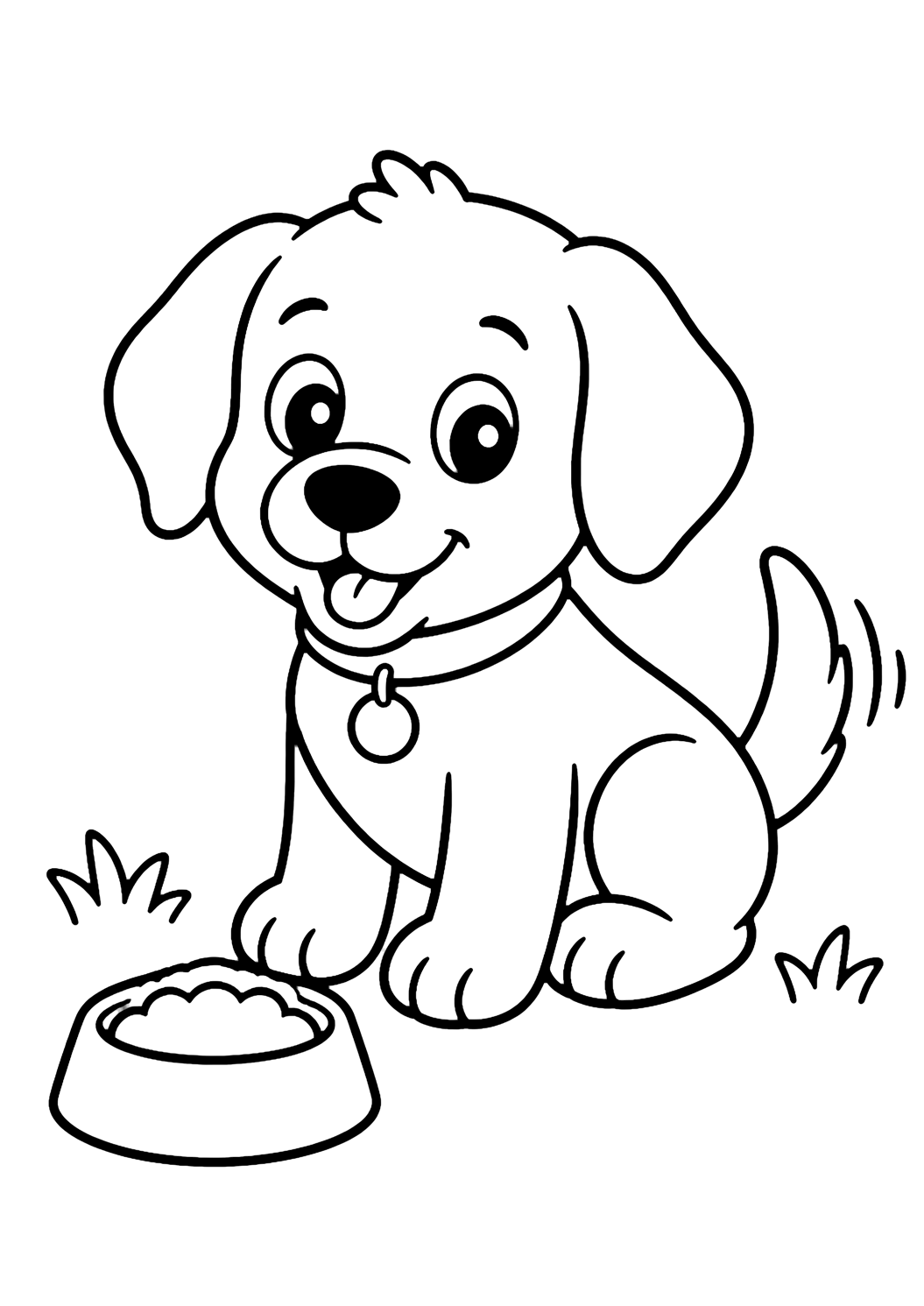 Dibujo fácil de animal de granja para colorear con un perrito alegre sentado junto a un plato pequeño, con orejas caídas, ojos grandes, patas redondas, cola en movimiento, collar sencillo y hierba. Ideal para niños, impresión y coloreado online.