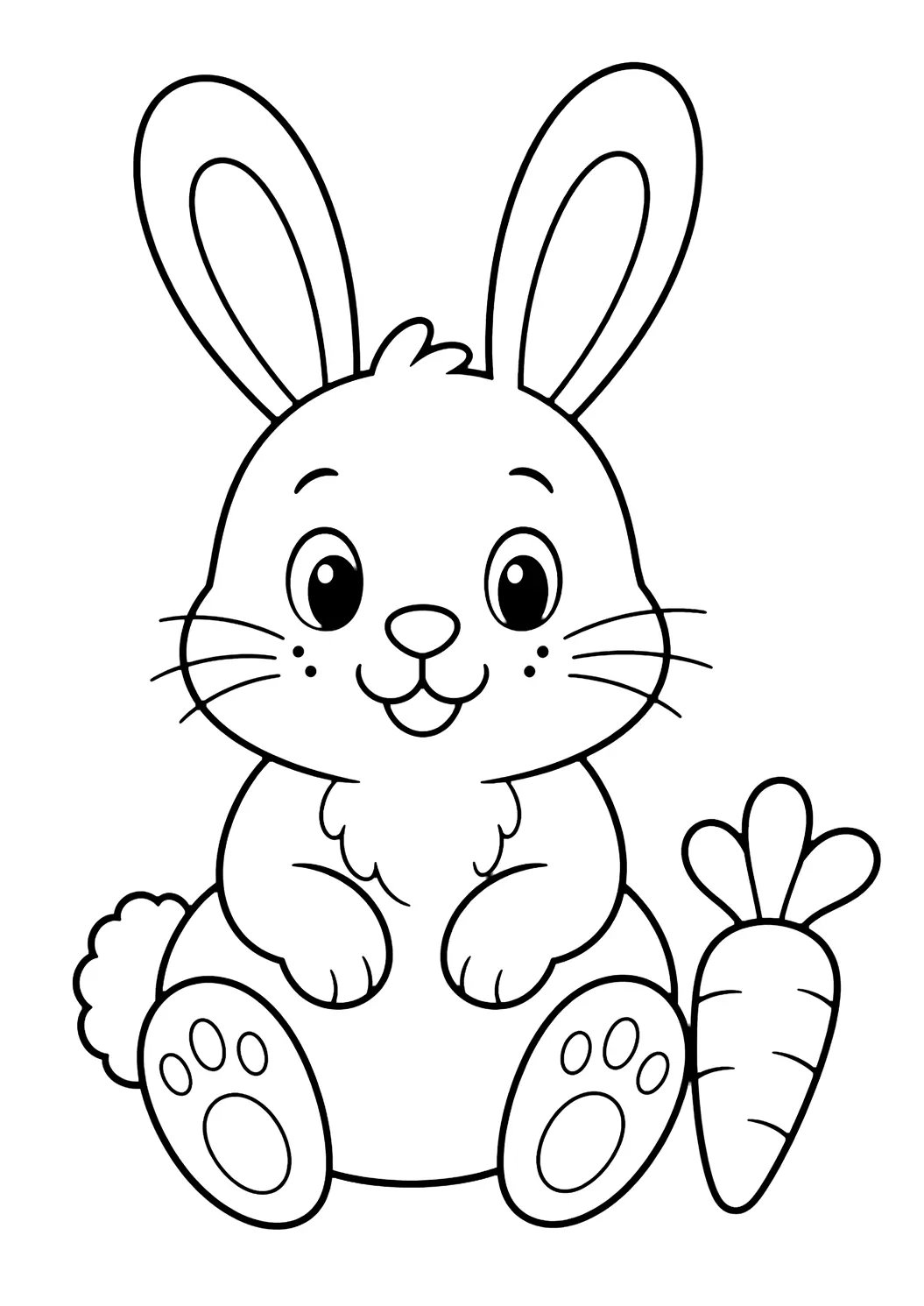 Dibujo fácil de animal de granja para colorear con un conejo tierno sentado, con orejas largas, ojos grandes, nariz pequeña, puntitos de bigotes, patas traseras grandes, cola esponjosa y zanahoria. Ideal para niños, impresión y coloreado online.