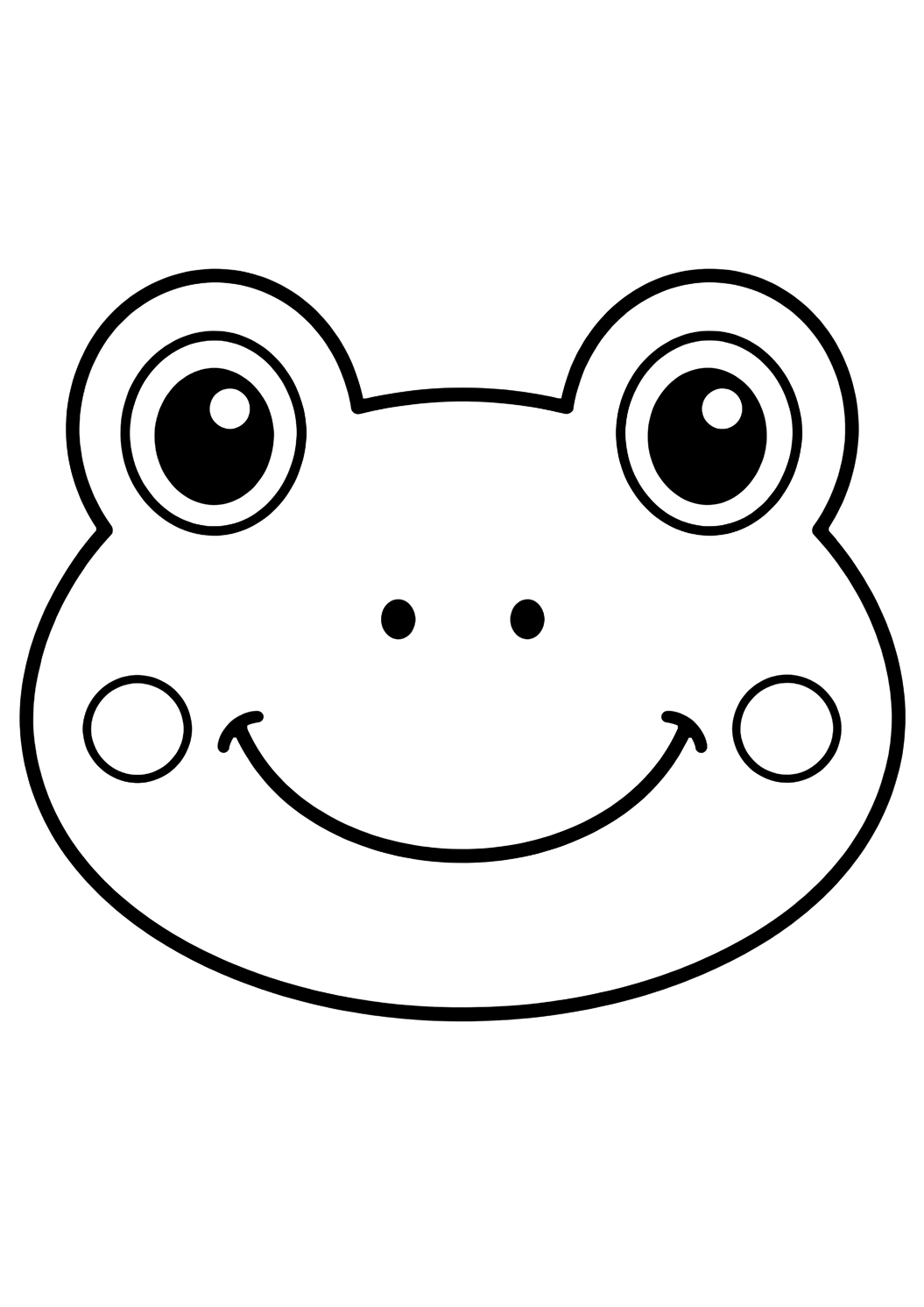 Einfaches Tiergesicht-Ausmalbild mit ein freundliches Froschgesicht mit zwei großen erhöhten runden Augen, breitem Lächeln, einfachen Wangen und rundem Kopf. Geeignet für Kinder, Ausdrucke und Online-Ausmalen.