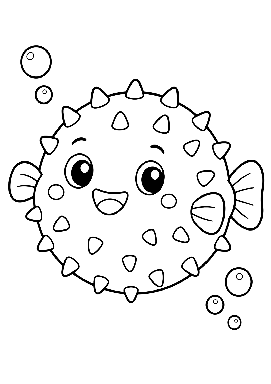Dibujo fácil de animal del océano para colorear con un pez globo redondo con pequeñas puntas suaves, aletas pequeñas, ojos grandes, sonrisa, colita y burbujas simples. Ideal para niños, impresión y coloreado online.