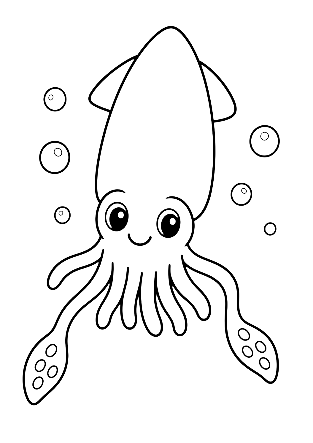 Dibujo fácil de animal del océano para colorear con un calamar tierno con cuerpo redondeado, dos ojos grandes, cara sonriente, brazos cortos, dos tentáculos largos, aletas laterales pequeñas y burbujas. Ideal para niños, impresión y coloreado online.