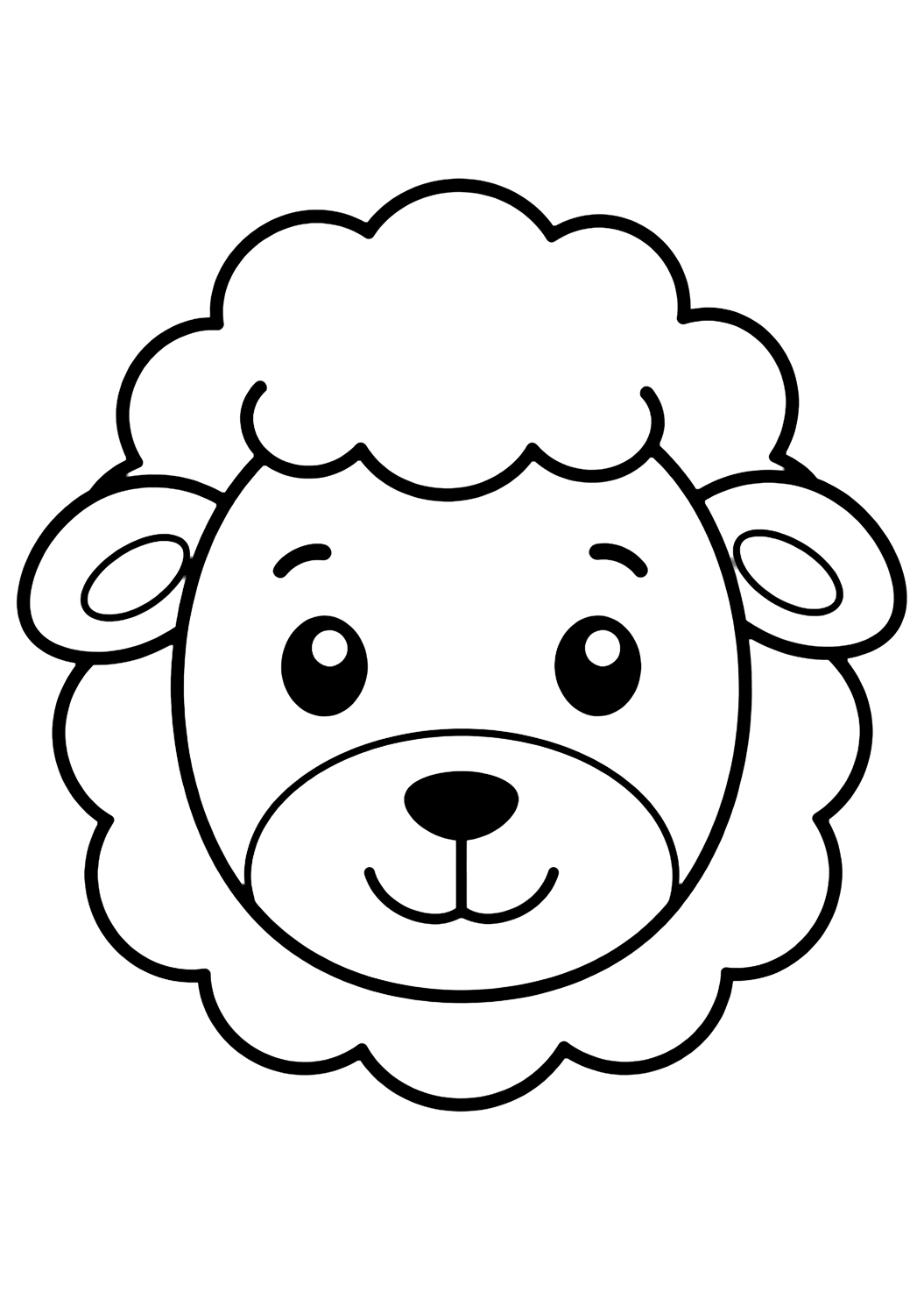 Coloriage facile de visage d'animal avec un visage sympathique de mouton avec un contour laineux rond fait de quelques grandes courbes, de petites oreilles, des yeux simples, un museau ovale, un petit nez et un doux sourire. Idéal pour enfants, impression et coloriage en ligne.