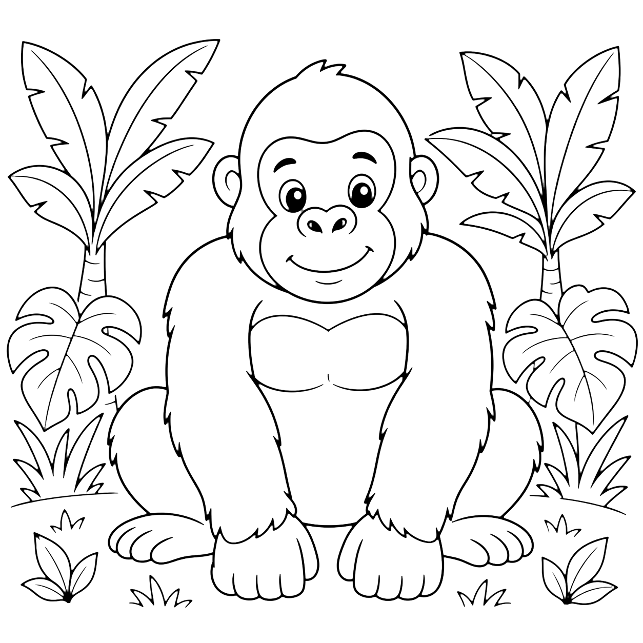 Disegno facile di animale selvatico da colorare con un gorilla gentile tra grandi foglie di giungla con spalle larghe, braccia lunghe, orecchie rotonde, grandi mani e sorriso calmo. Adatto a bambini, stampa e colorazione online.