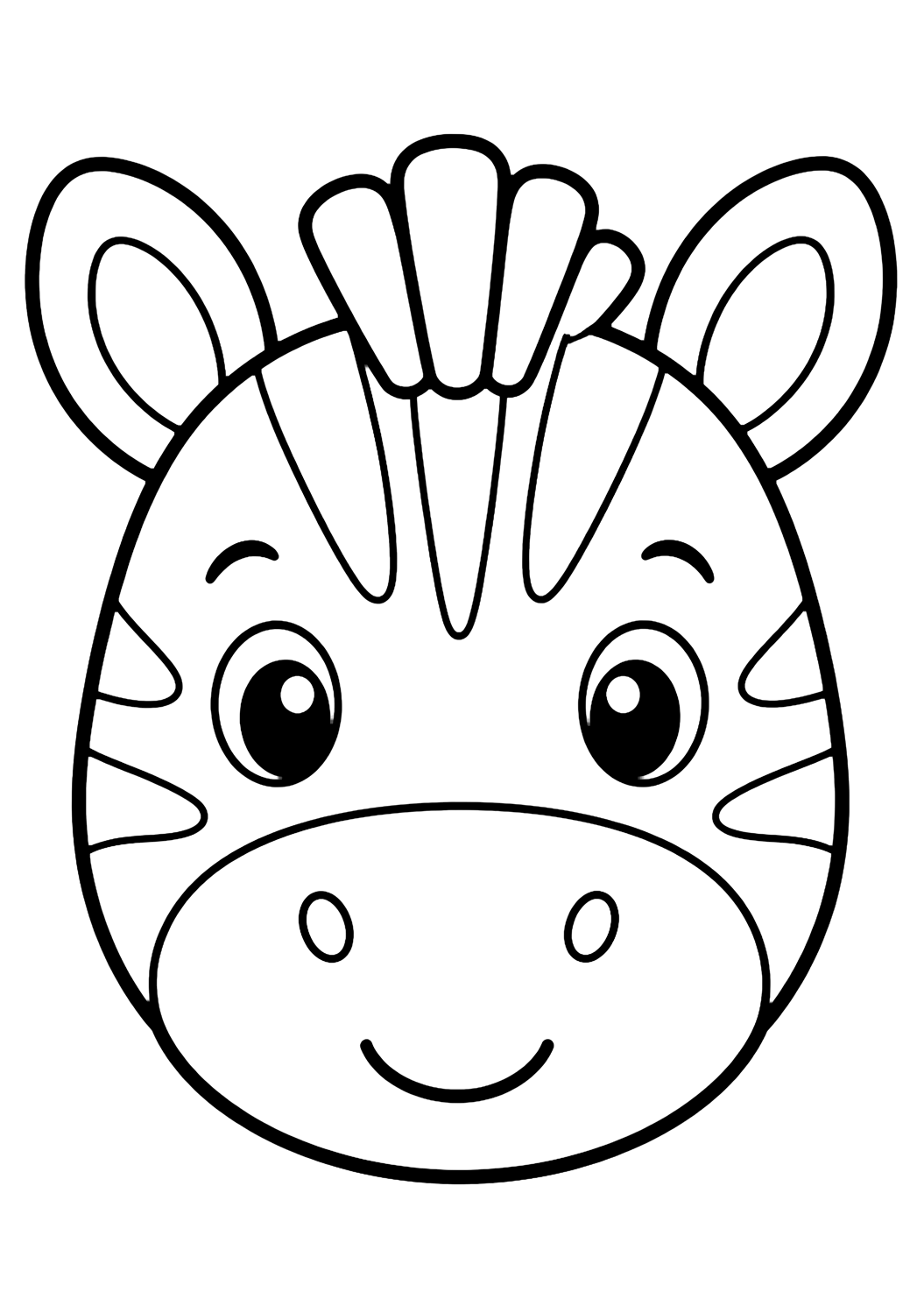 Disegno facile di faccia di animale da colorare con una simpatica faccia di zebra con orecchie arrotondate, criniera corta, grandi occhi, muso semplice, piccolo sorriso e solo poche grandi strisce semplici. Adatto a bambini, stampa e colorazione online.