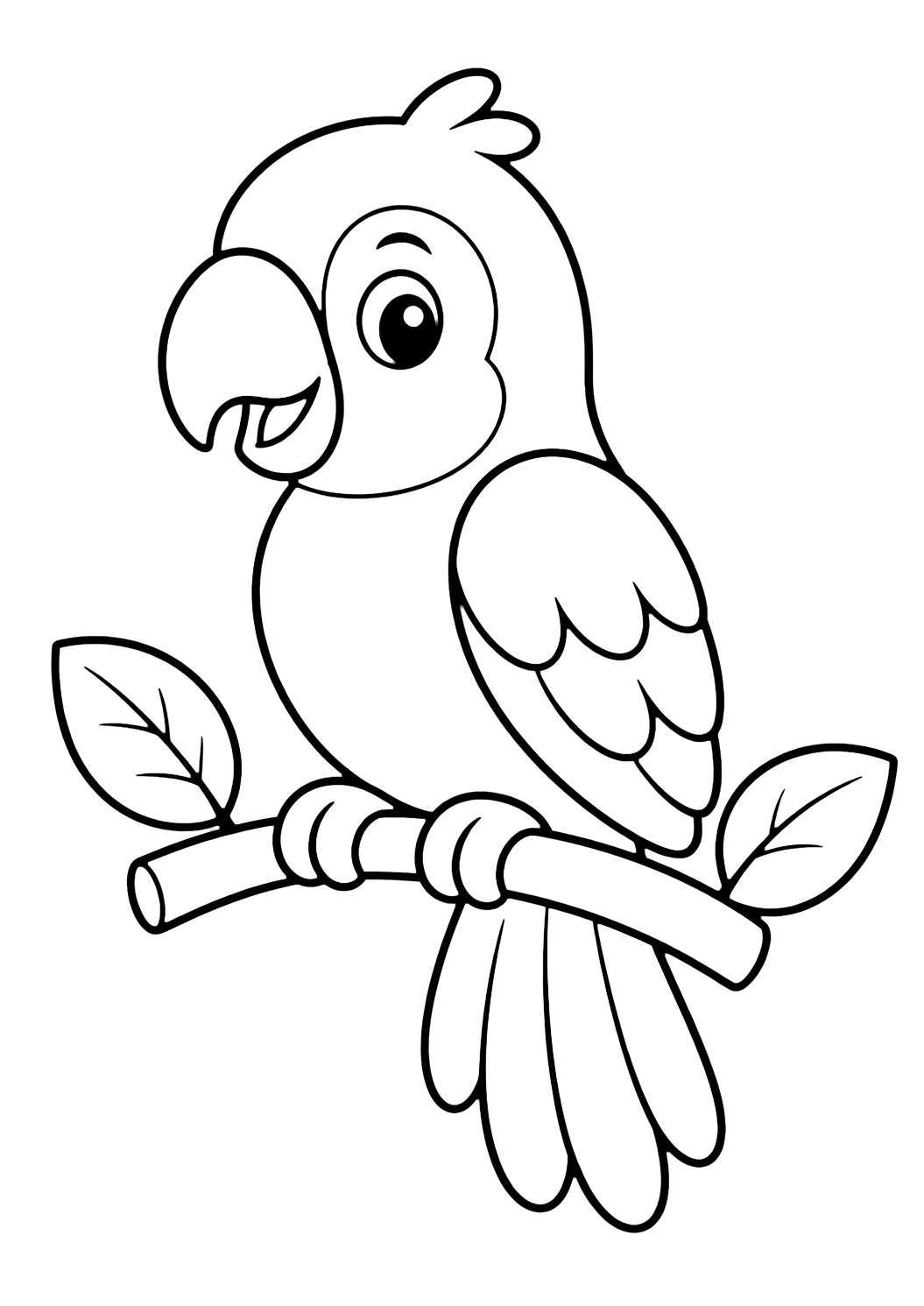 Dibujo fácil de animal de zoológico para colorear con un loro simpático de zoológico posado en una rama corta, con pico curvo, ojo redondo, ala sencilla, plumas grandes en la cola, dos patas y hojas grandes. Ideal para niños, impresión y coloreado online.