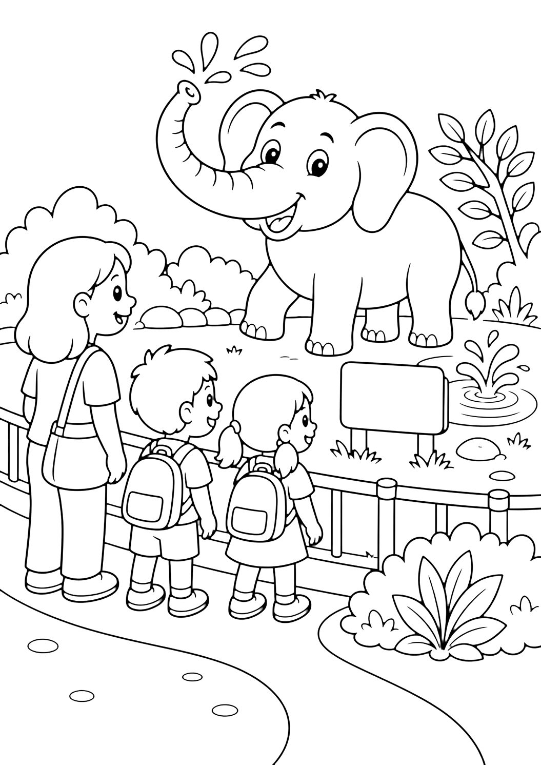 Elefanten-Gehege Klassenausflug Ausmalbild