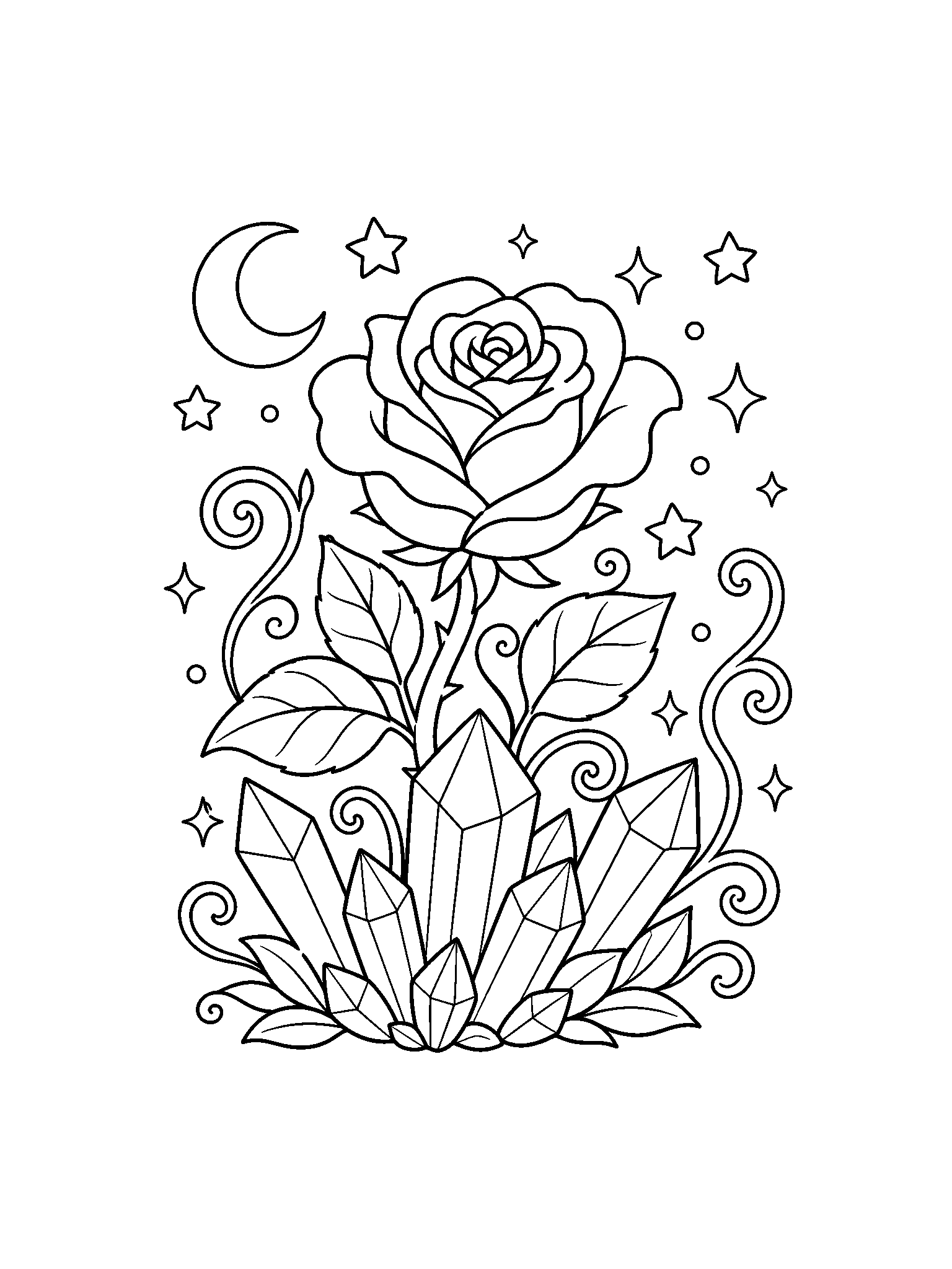 enchanted rose with crystals coloring page with clean enchanted rose line art for kids