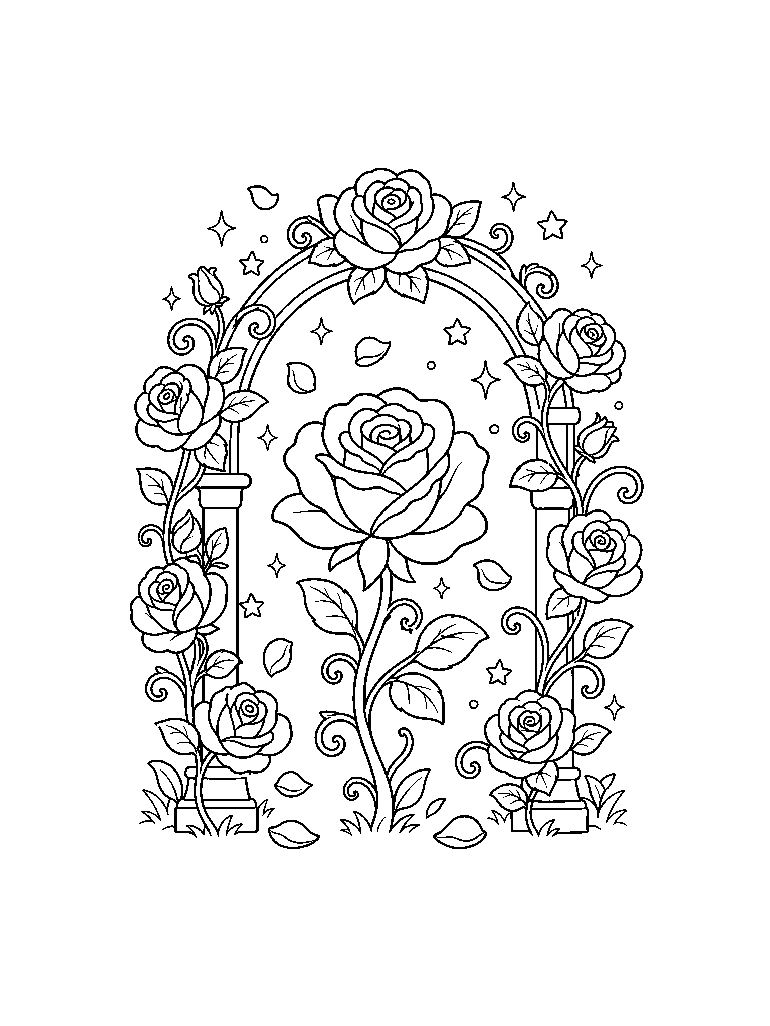 enchanted rose garden arch coloring page with clean enchanted rose line art for kids