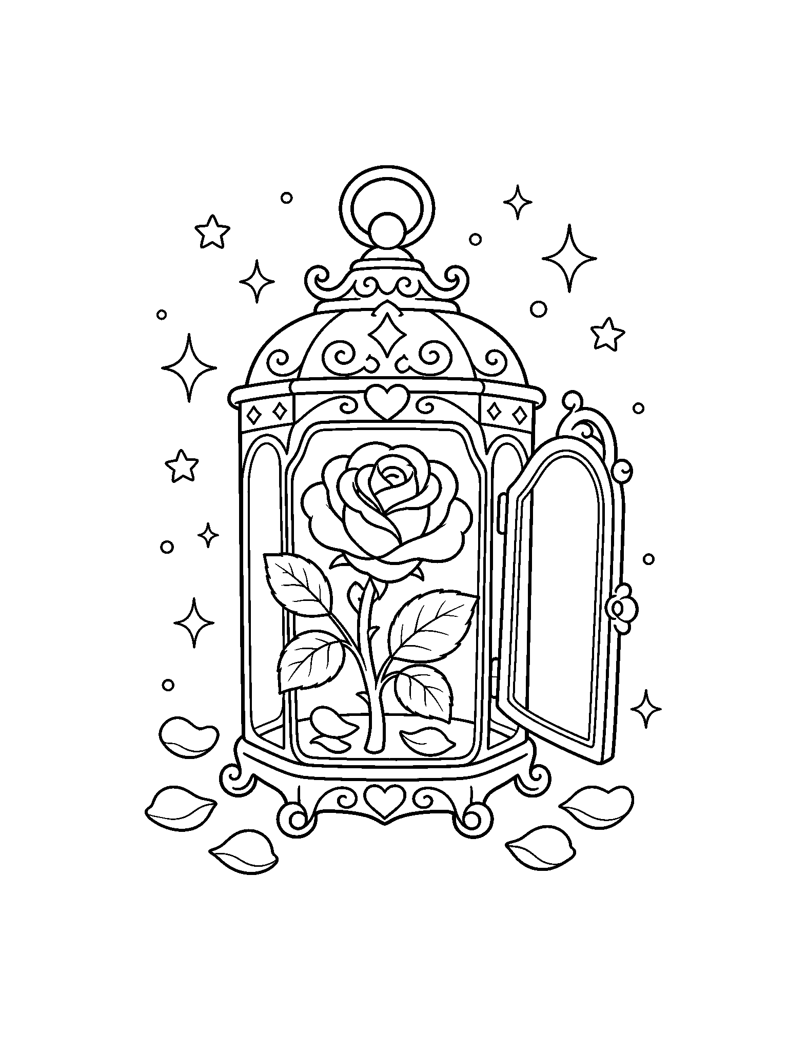enchanted rose lantern coloring page with clean enchanted rose line art for kids