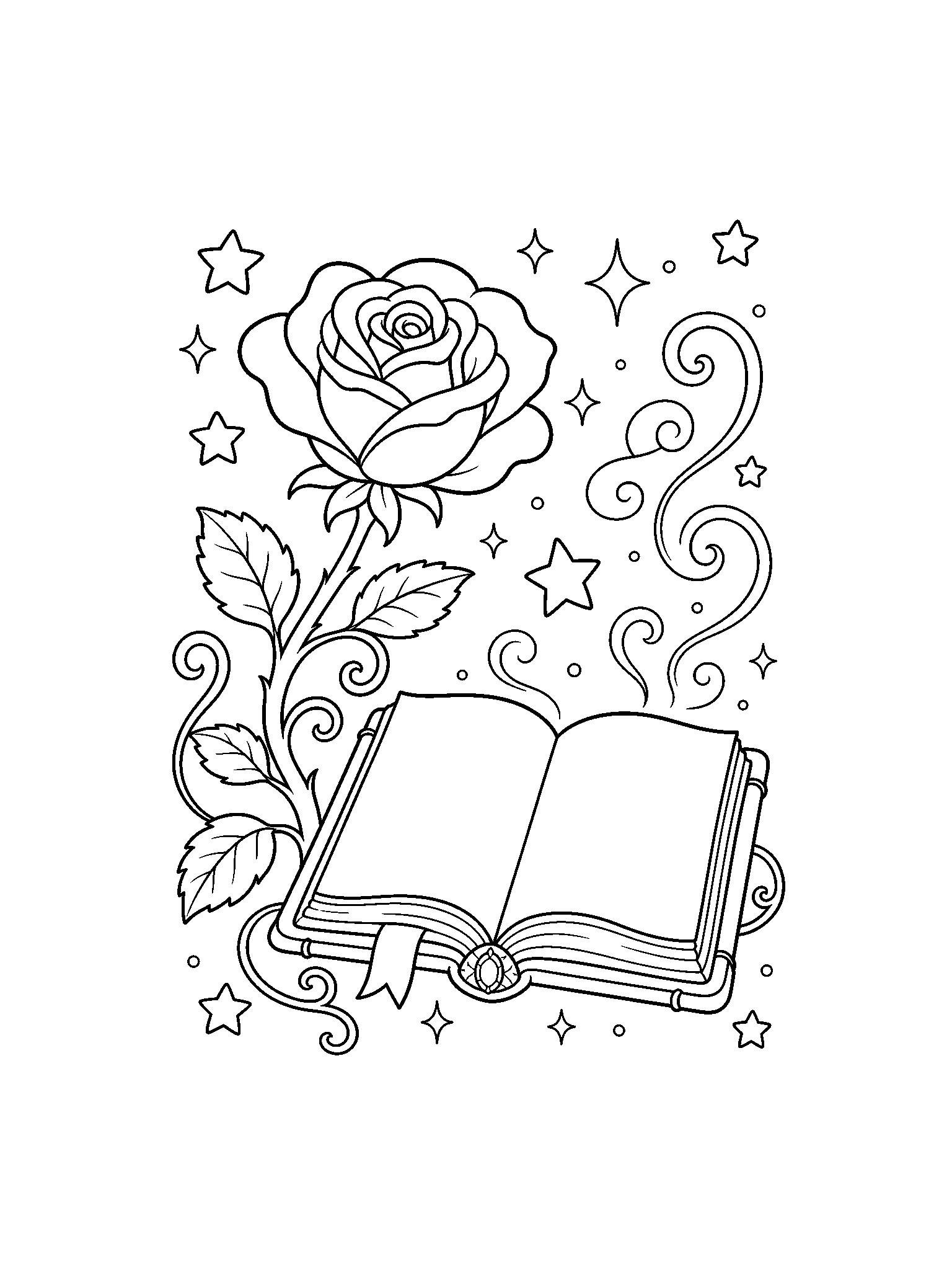 enchanted rose and spell book coloring page with clean enchanted rose line art for kids