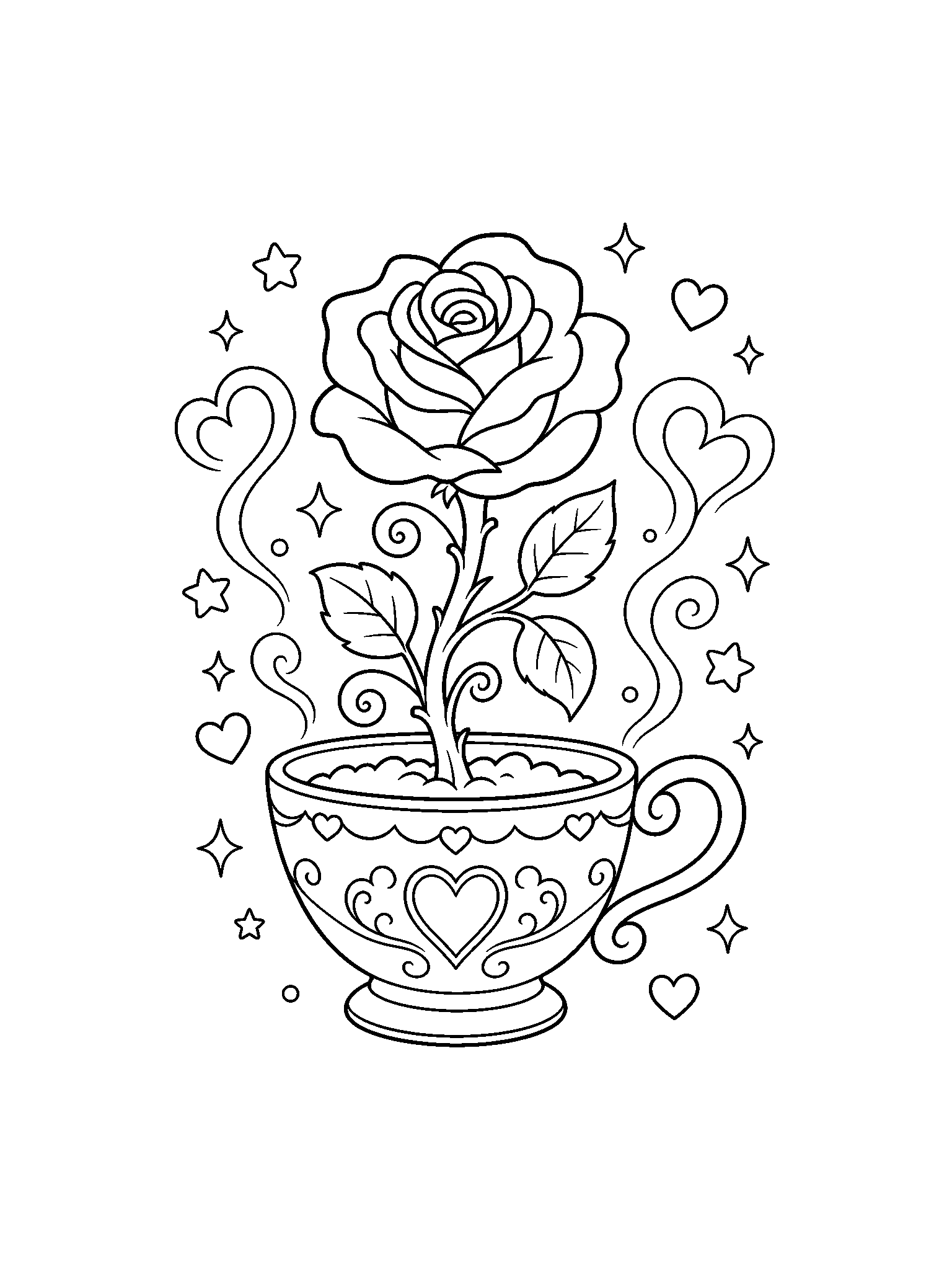 enchanted rose in teacup coloring page with clean enchanted rose line art for kids