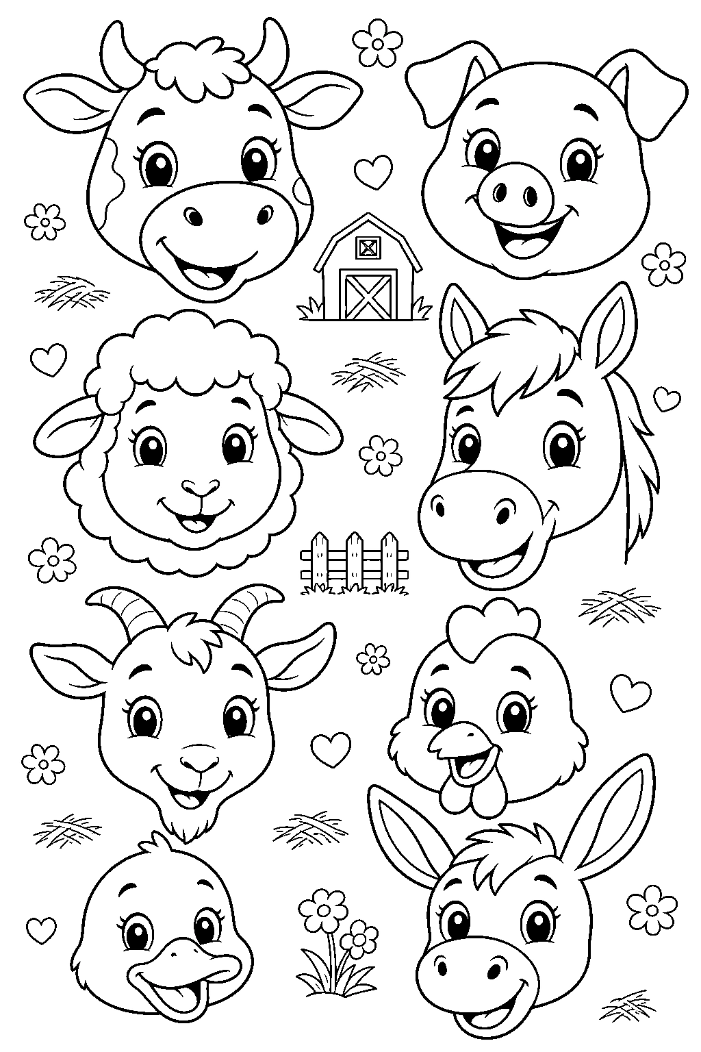 Caras de animales de granja para colorear