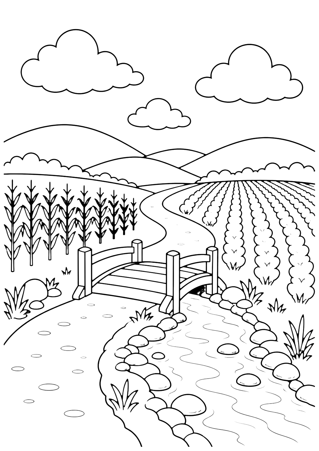 dibujo para colorear de un puente sobre el arroyo de la granja con un pequeño puente de madera cruzando un arroyo en un camino de granja, campos de cultivo a ambos lados, piedras redondeadas, colinas bajas, nubes amplias y cielo abierto para niños
