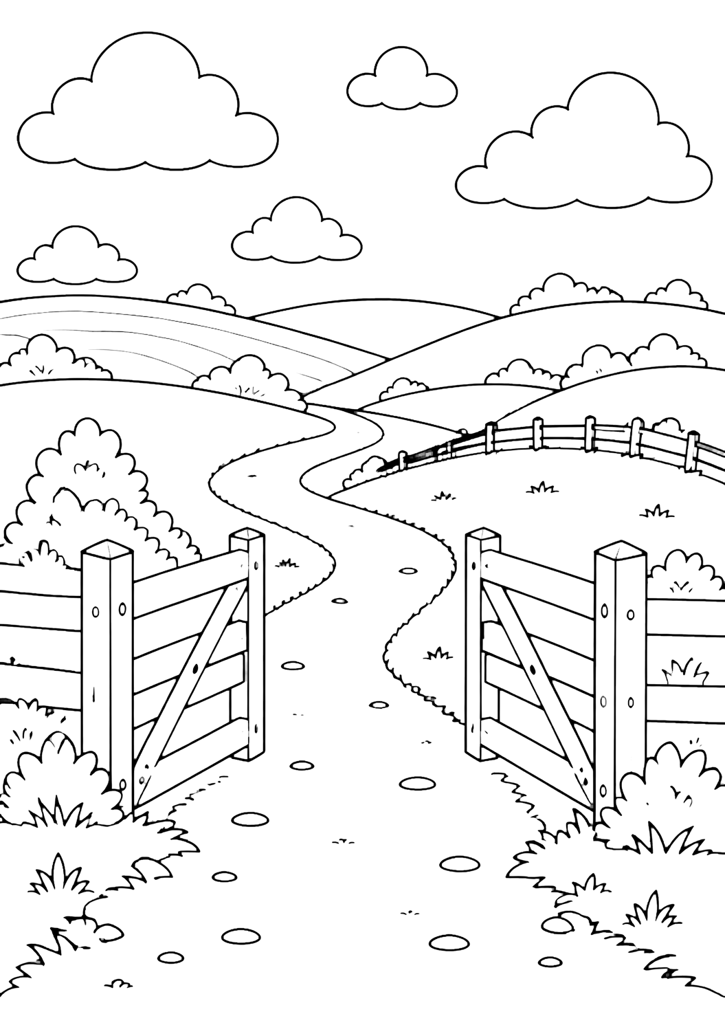 Disegno di strada di campagna da colorare con un cancello di fattoria in legno aperto accanto a una strada di campagna tranquilla, brevi tratti di staccionata, campi ondulati, piccoli cespugli, basse colline, grandi nuvole e cielo aperto. Adatto a bambini, paesaggi, stampa e colorazione online.