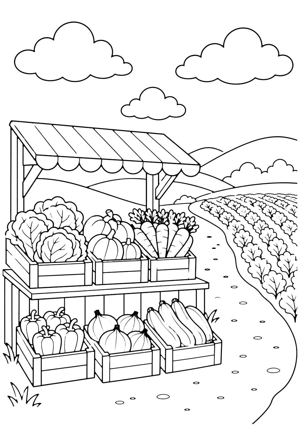 dibujo para colorear de un puesto de mercado de granja con un pequeño puesto con cajas vacías de verduras grandes, sin letreros ni palabras, junto a un camino al lado del campo de cultivo, con colinas bajas, nubes amplias y cielo abierto para niños