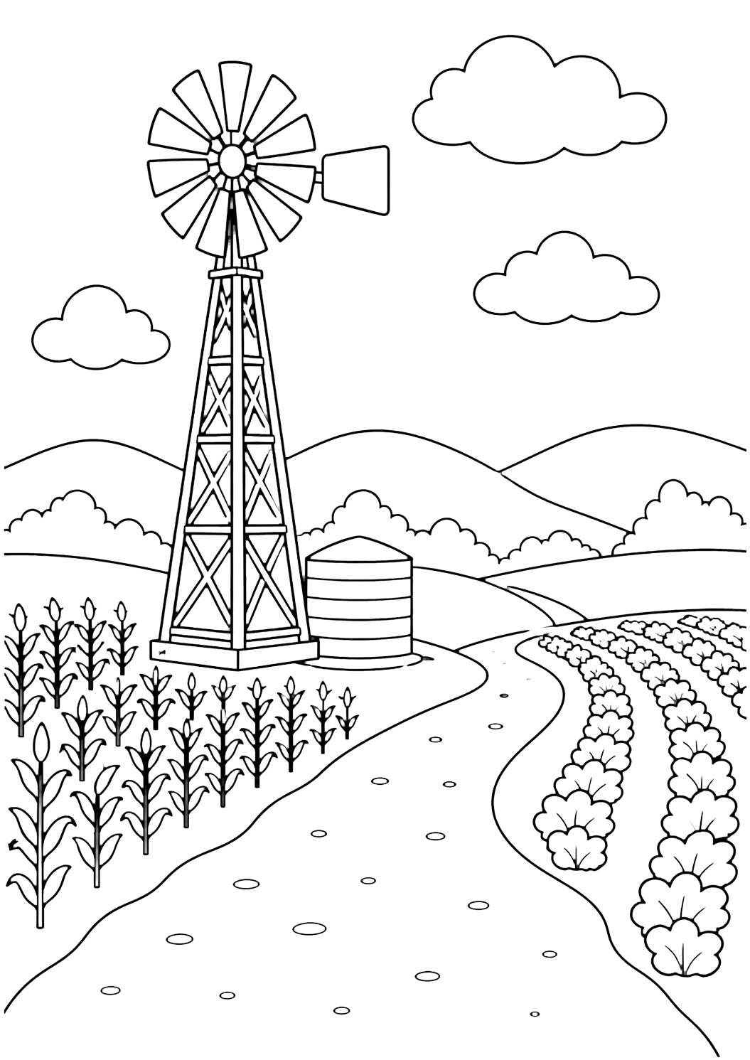 dibujo para colorear de bomba de viento de granja con una bomba de viento alta y sencilla junto a hileras de cultivos y un pequeño tanque de agua, con un camino de tierra curvado, colinas bajas del campo, nubes amplias y cielo abierto para niños