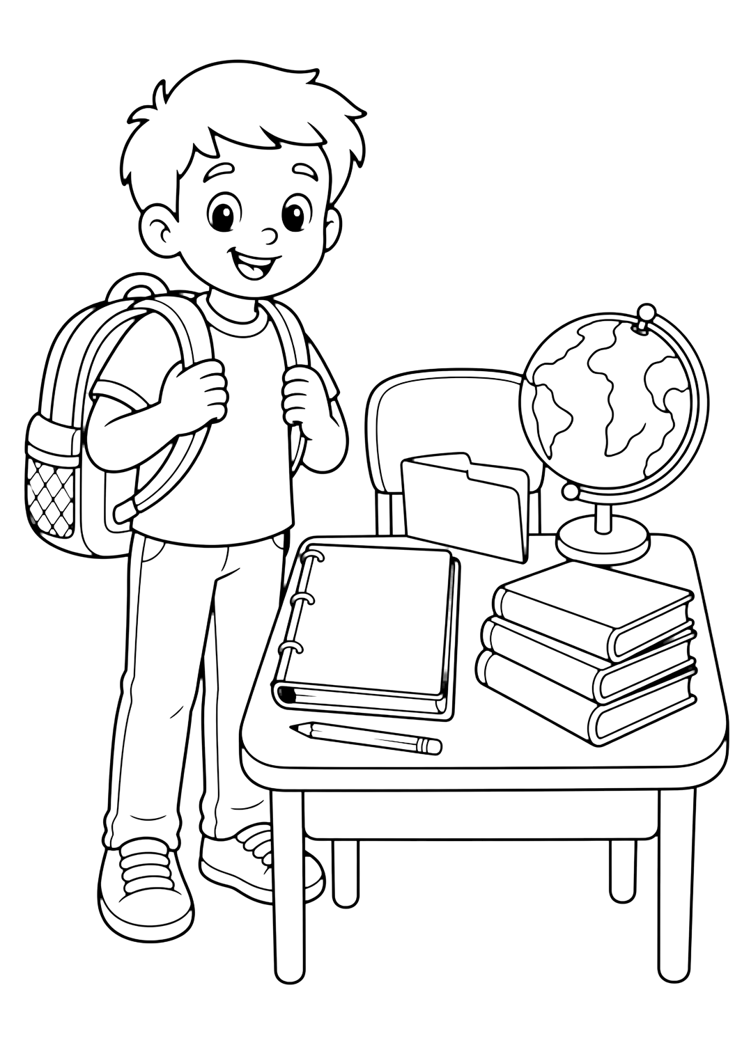 Coloriage avec un élève plus grand avec sac à dos près d'un bureau, classeur vide, pile de livres, crayon, globe sans étiquettes et dossier. Idéal pour enfants, rentrée scolaire, impression et coloriage en ligne.