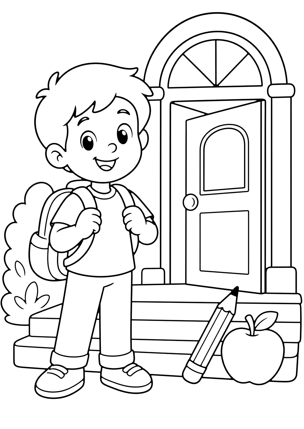 Coloriage avec un enfant souriant avec un sac à dos devant une porte d'école, avec un grand crayon et une pomme près des marches. Idéal pour enfants, rentrée scolaire, impression et coloriage en ligne.