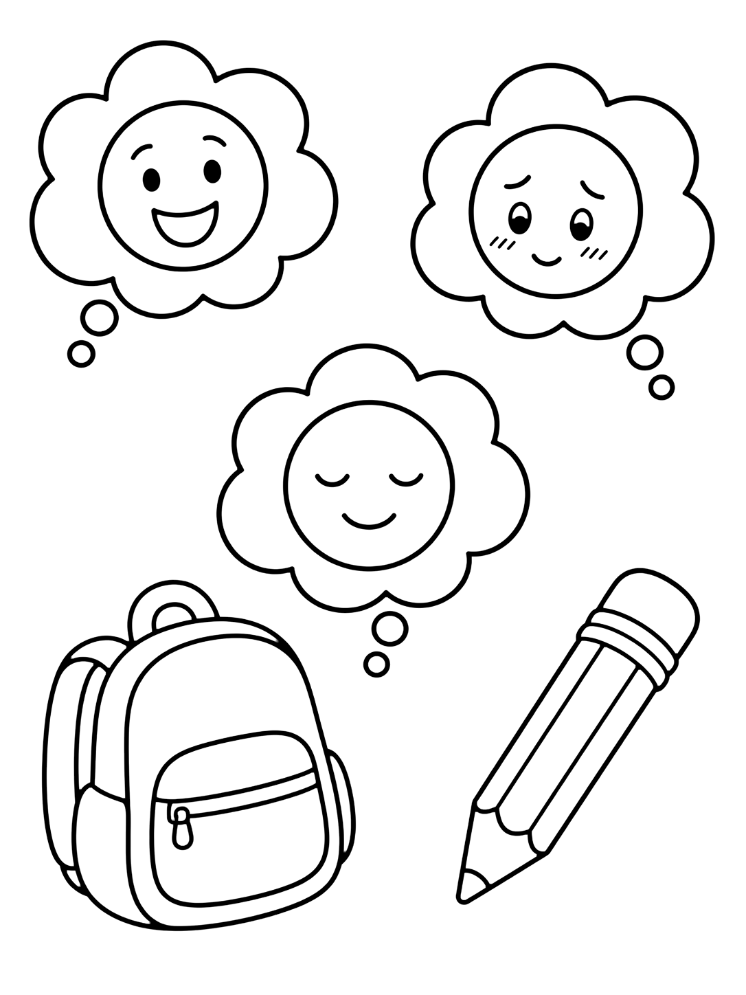 Ausmalbild mit fünf große Doodle-Icons mit fröhlicher, schüchterner und ruhiger Gedankenblase, dazu ein Rucksack und ein Bleistift. Geeignet für Kinder, Schulstart, Ausdrucke und Online-Ausmalen.