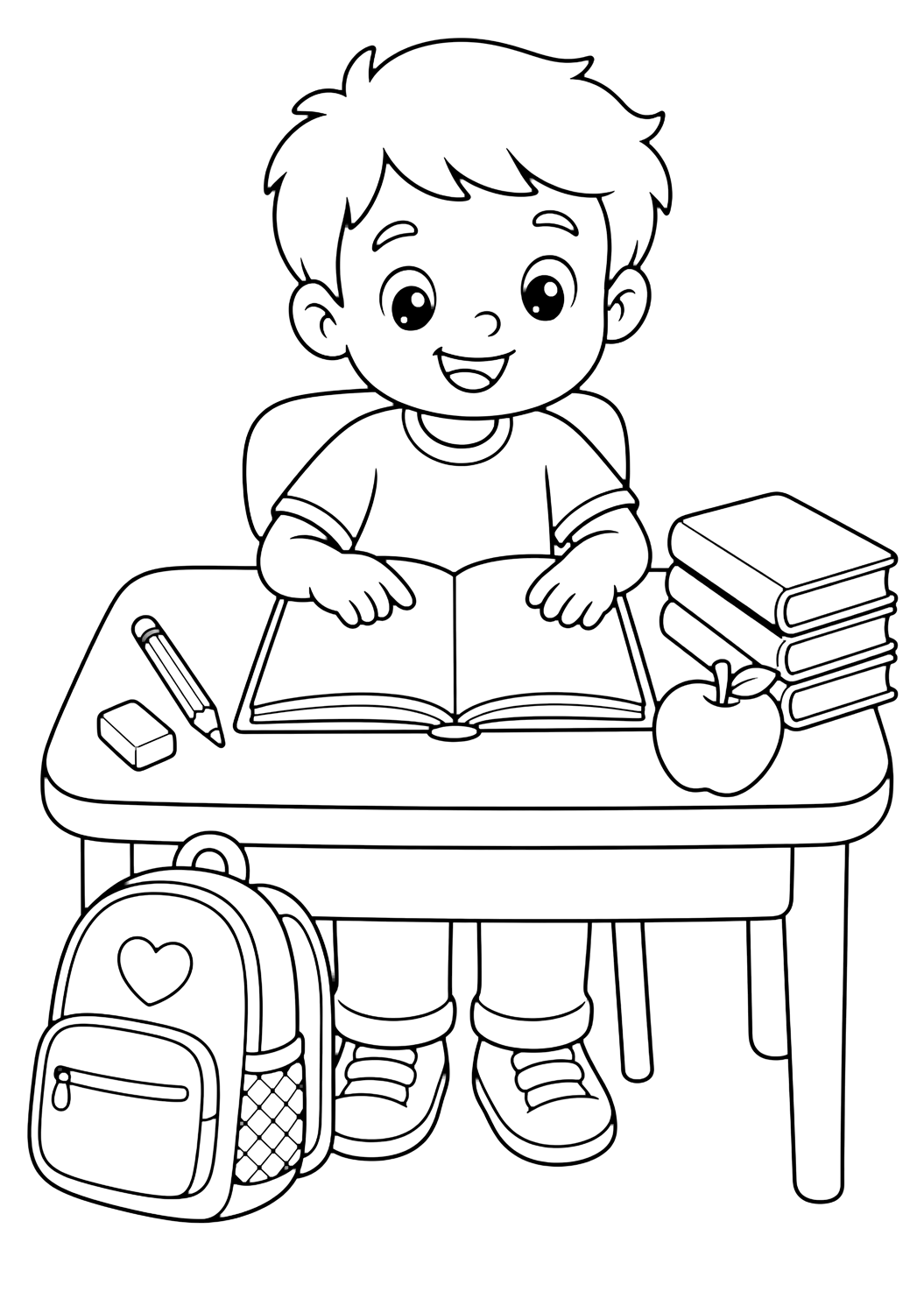 Disegno da colorare con un piccolo alunno di prima classe al banco con libro aperto vuoto, matita, gomma, zaino, mela e una pila di libri. Adatto a bambini, scuola, stampa e colorazione online.