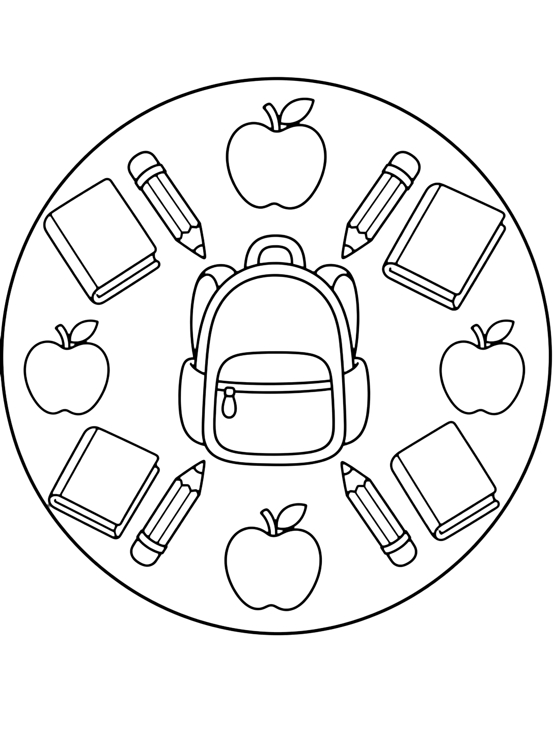 Ausmalbild mit ein einfaches rundes Mandala mit großem Rucksack in der Mitte und großen leeren Büchern, Bleistiften und Äpfeln darum. Geeignet für Kinder, Schulstart, Ausdrucke und Online-Ausmalen.