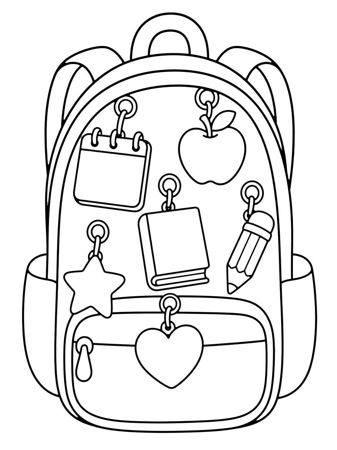 Ausmalbild mit einen großen Rucksack mit großen Doodle-Anhängern: leerer Kalender, Apfel, leeres Buch, Bleistift, Stern und Herz. Geeignet für Kinder, Schulstart, Ausdrucke und Online-Ausmalen.