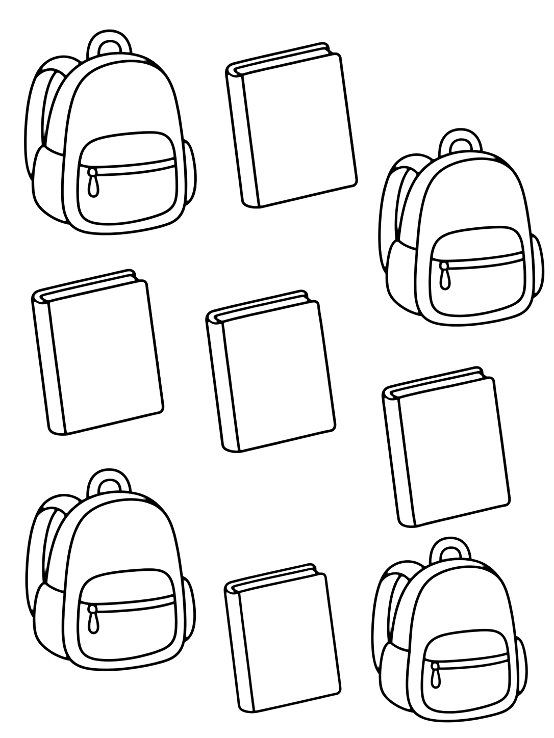 Coloriage avec un motif aéré de grands sacs et de livres aux couvertures vides avec des espaces blancs. Idéal pour enfants, rentrée scolaire, impression et coloriage en ligne.