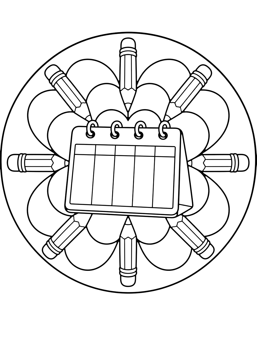 Coloriage avec un mandala rond simple avec un grand calendrier hebdomadaire vide au centre et de grands crayons autour comme des pétales. Idéal pour enfants, rentrée scolaire, impression et coloriage en ligne.