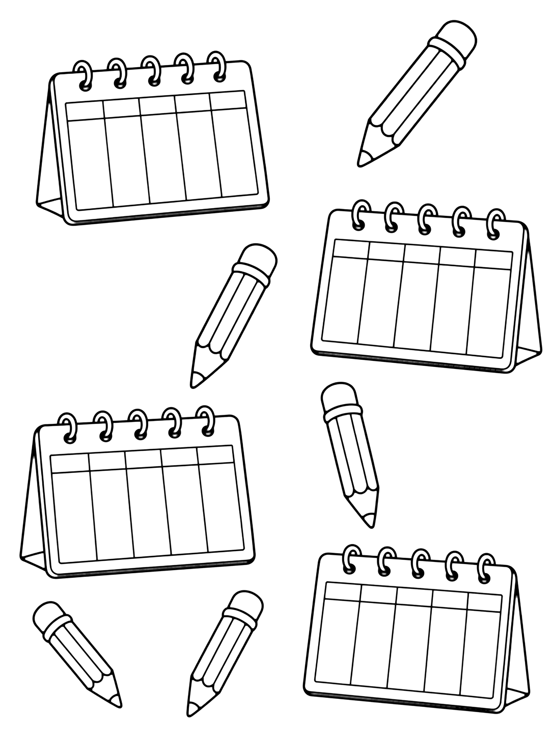 Disegno da colorare con un motivo spazioso di calendari settimanali vuoti e grandi matite con spazi bianchi. Adatto a bambini, scuola, stampa e colorazione online.