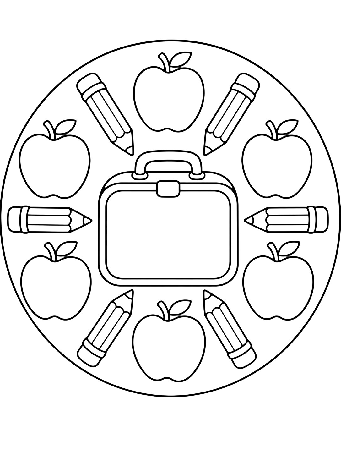 Ausmalbild mit ein einfaches rundes Mandala mit großer Brotdose in der Mitte und großen Äpfeln und Bleistiften darum. Geeignet für Kinder, Schulstart, Ausdrucke und Online-Ausmalen.