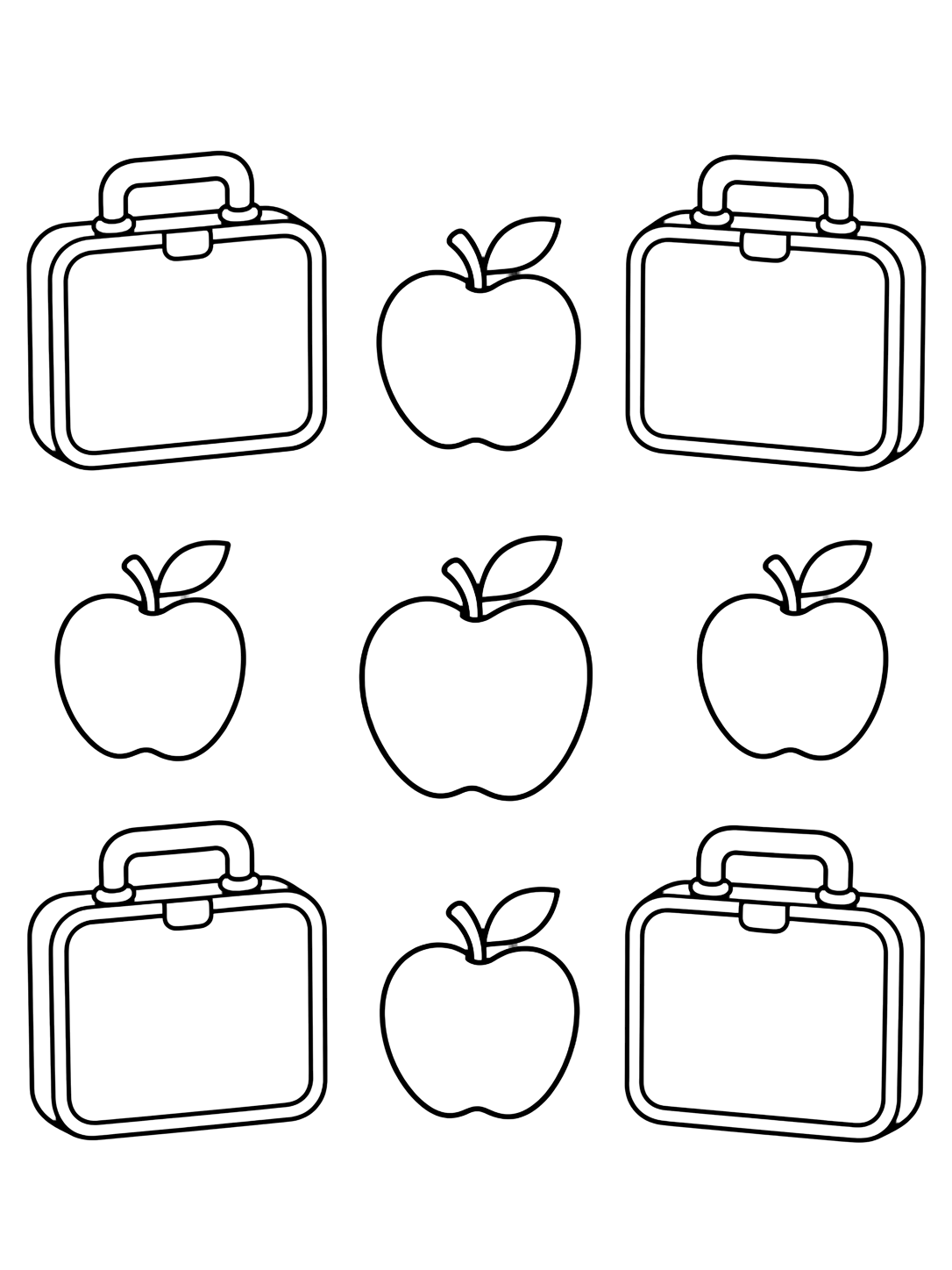 Disegno da colorare con un motivo spazioso di grandi portapranzo e mele con spazi bianchi. Adatto a bambini, scuola, stampa e colorazione online.