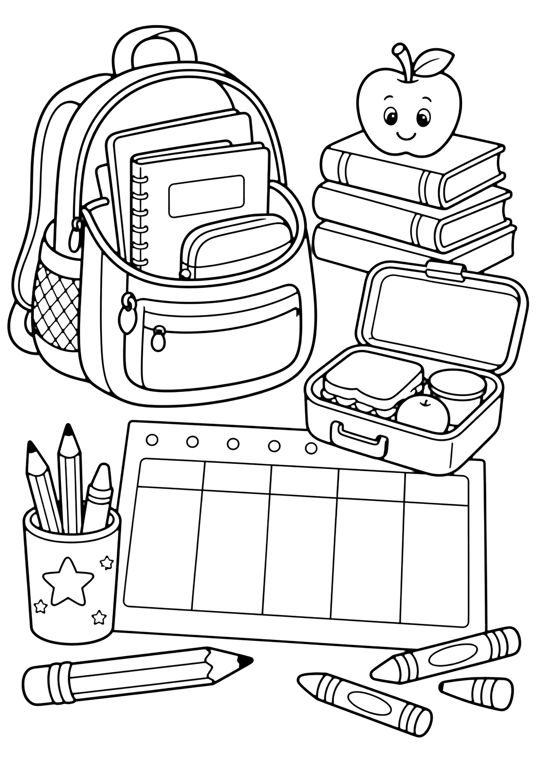 Ausmalbild mit einen offenen Schulranzen, eine Brotdose, Bleistifte, Wachsmalstifte, Bücher und einen leeren Wochenplan mit großen Feldern. Geeignet für Kinder, Schulstart, Ausdrucke und Online-Ausmalen.