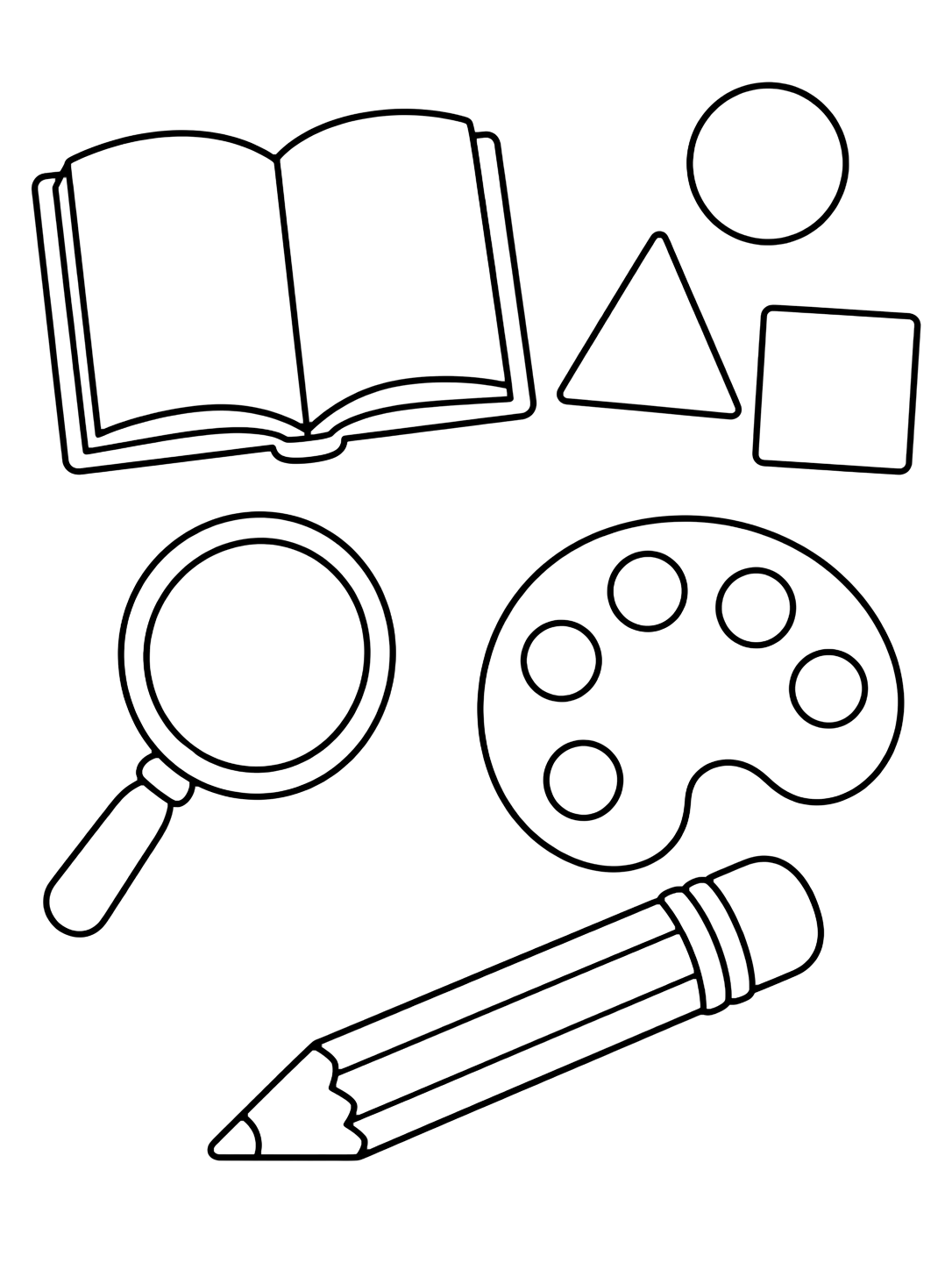 Картинка за оцветяване с пет големи doodle икони с отворена празна книга, геометрични фигури, лупа, палитра и молив. Подходяща за деца, училищни занимания, принтиране и онлайн оцветяване.